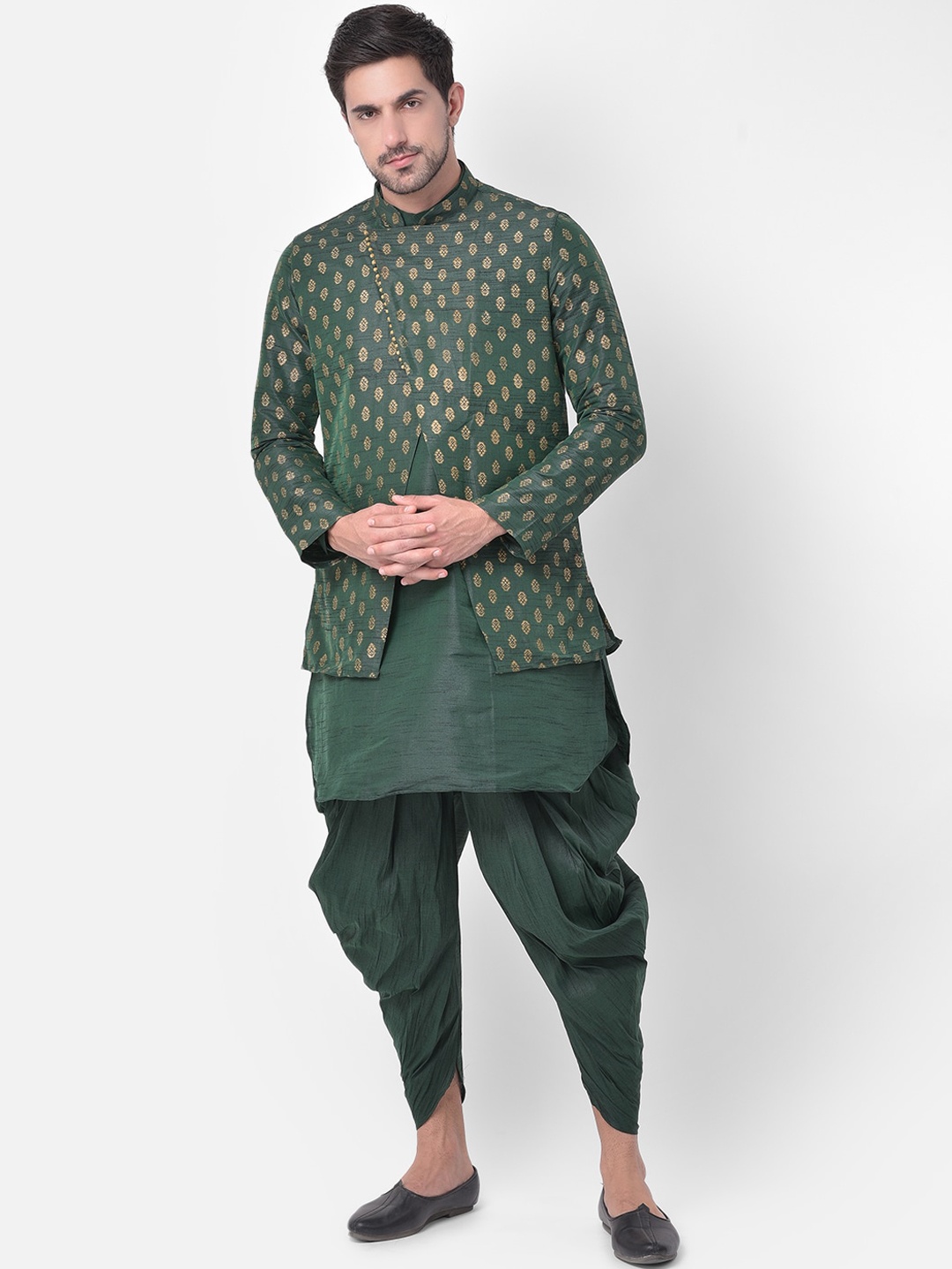 

DEYANN Men Green & Gold Printed Achkan Sherwani Set