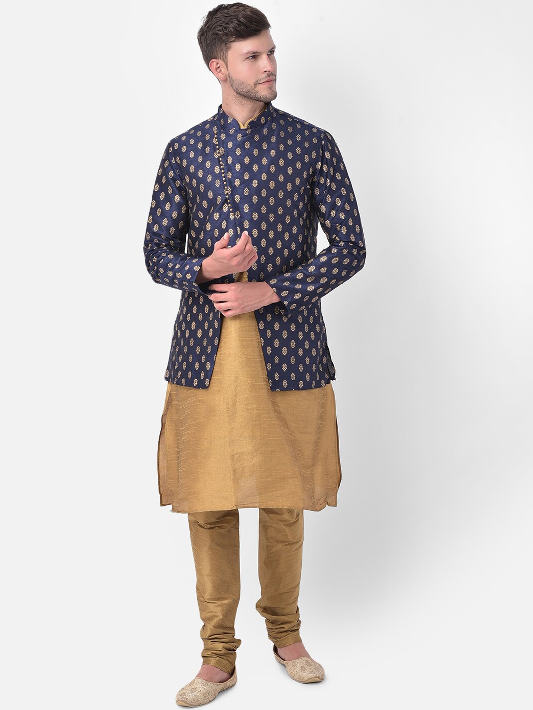

DEYANN Men Navy Blue & Gold Ethnic Motifs Printed Achkan Sherwani Set