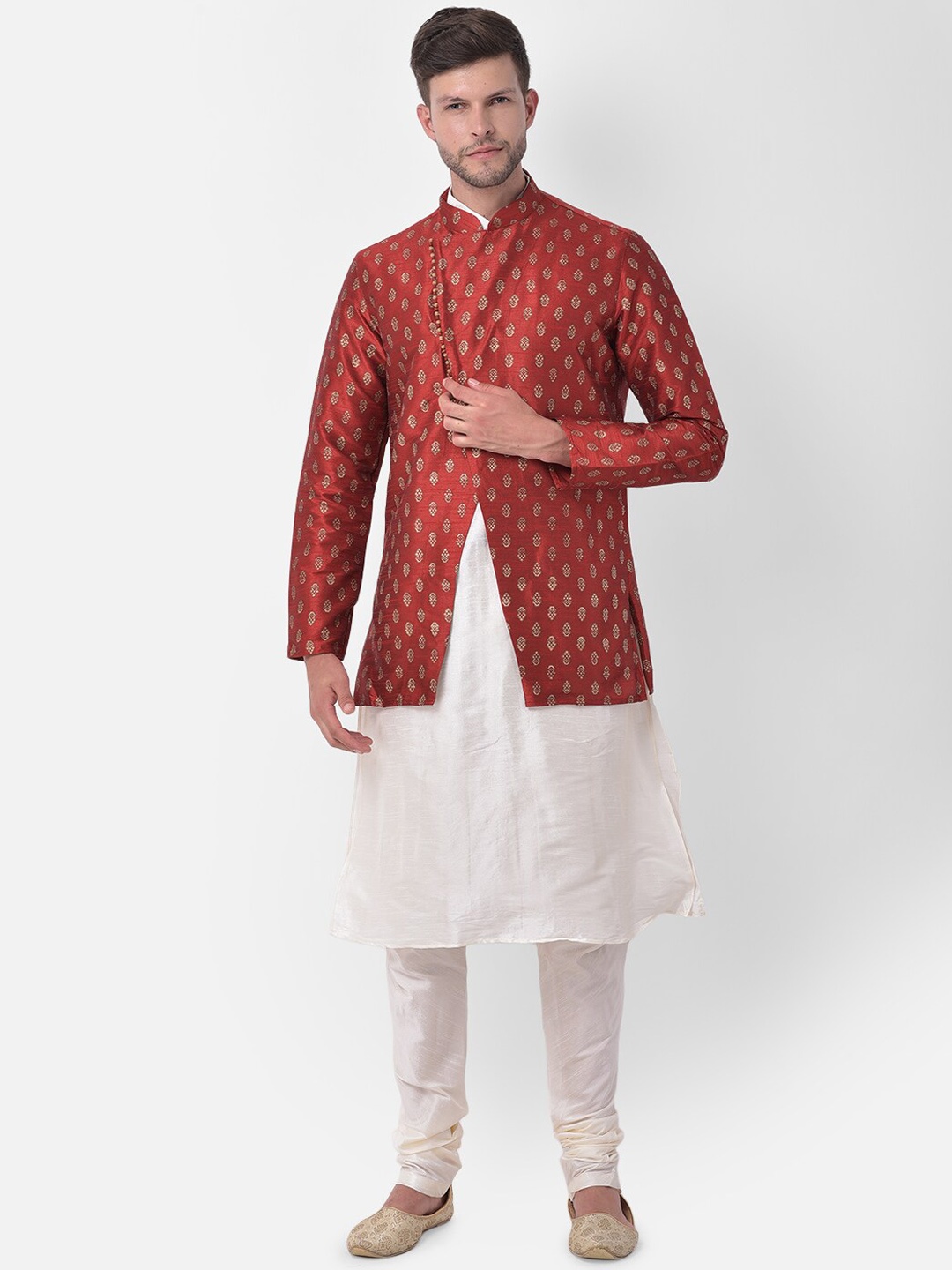 

DEYANN Men Red & White Printed Short Achkan Sherwani Set