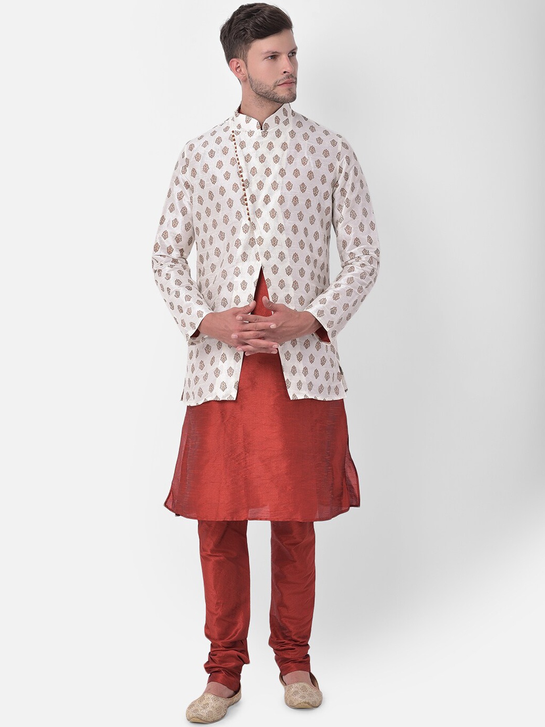 

DEYANN Men Off White & Orange Printed Sherwani Set