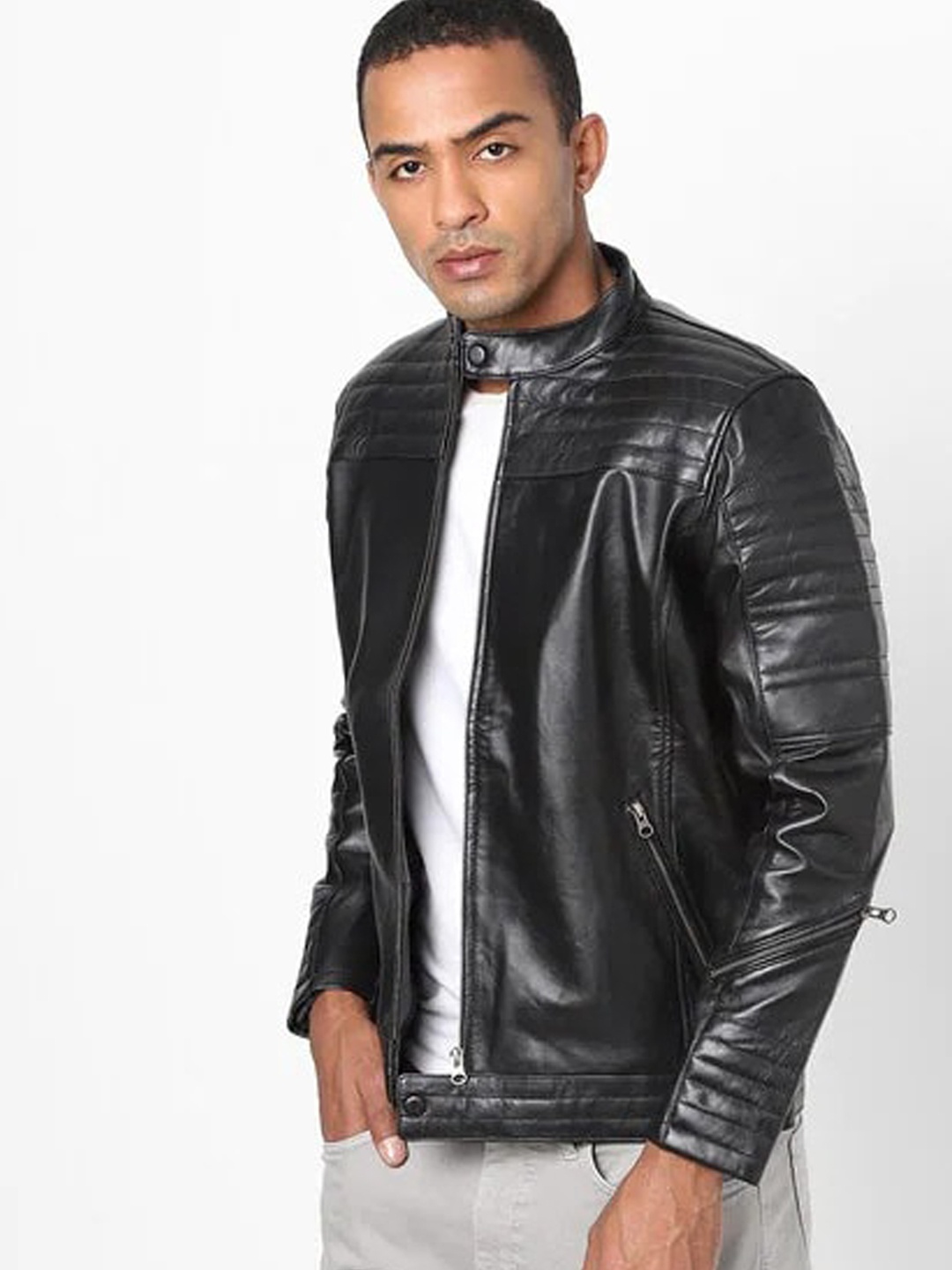 

Tortoise Men Black Leather Longline Biker Jacket