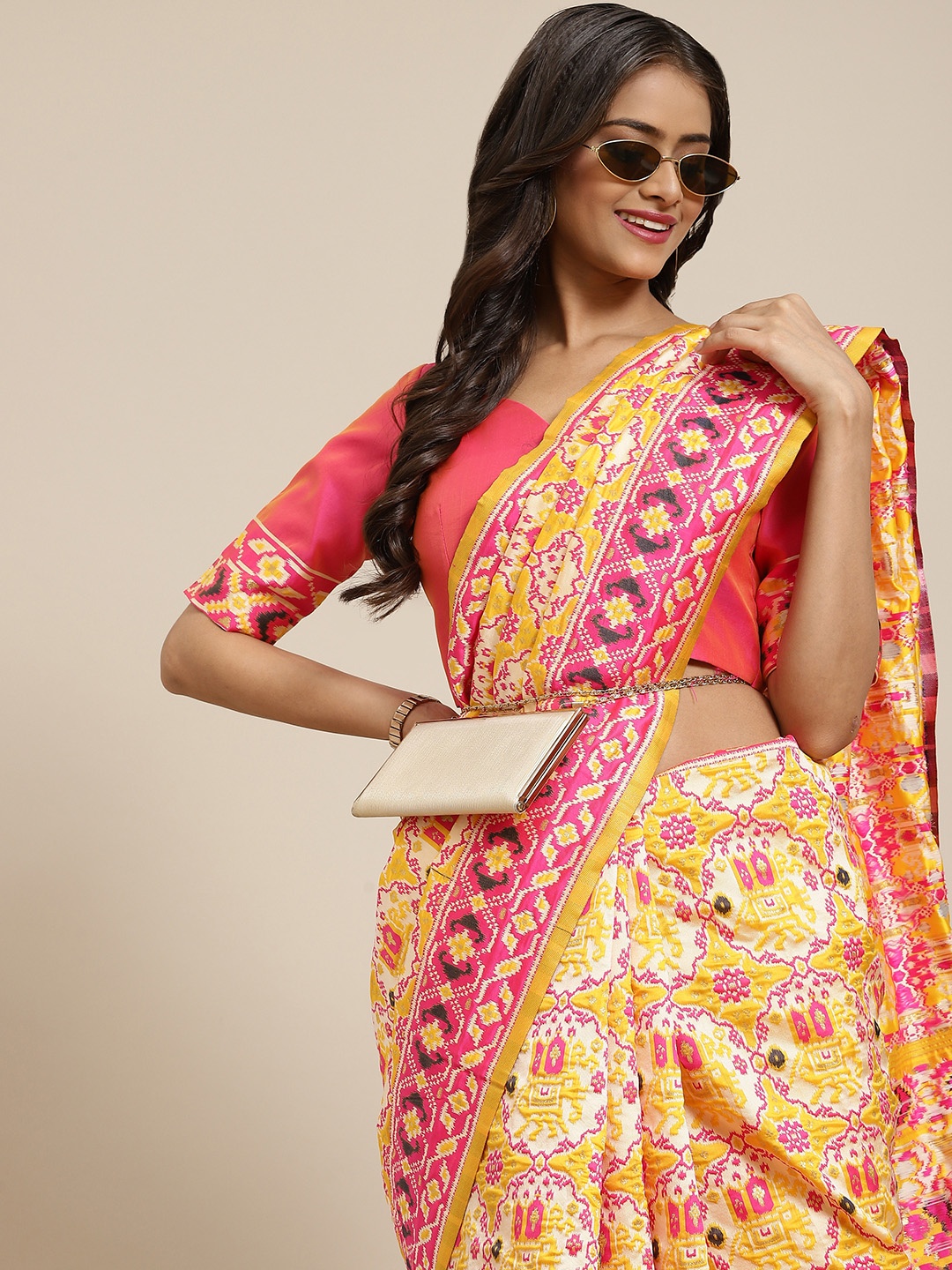 

SHUBHVASTRA Yellow & Pink Ethnic Motifs Woven Design Patola Saree