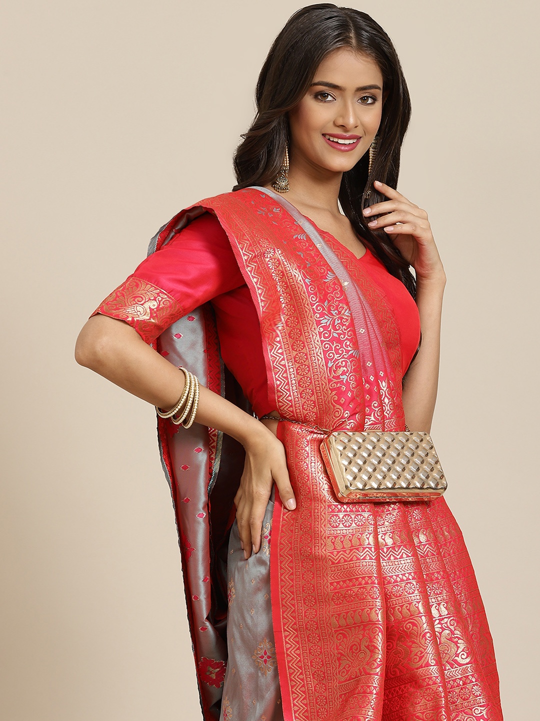 

SHUBHVASTRA Grey & Pink Ethnic Motifs Woven Design Banarasi Saree