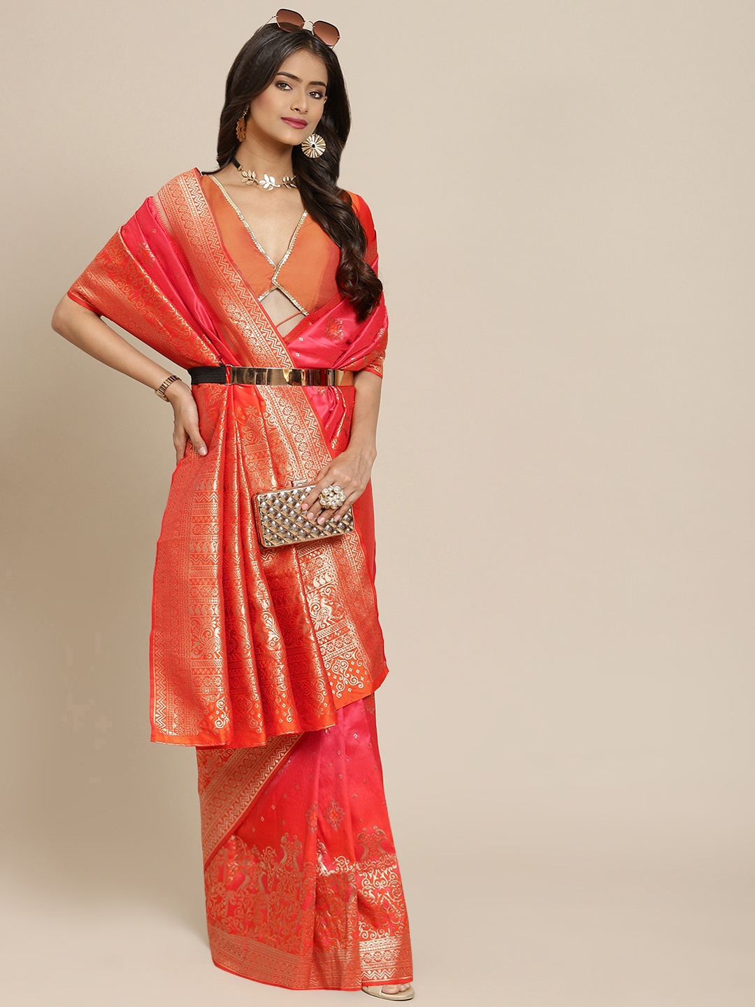 

SHUBHVASTRA Pink & Orange Ethnic Motifs Woven Design Banarasi Saree
