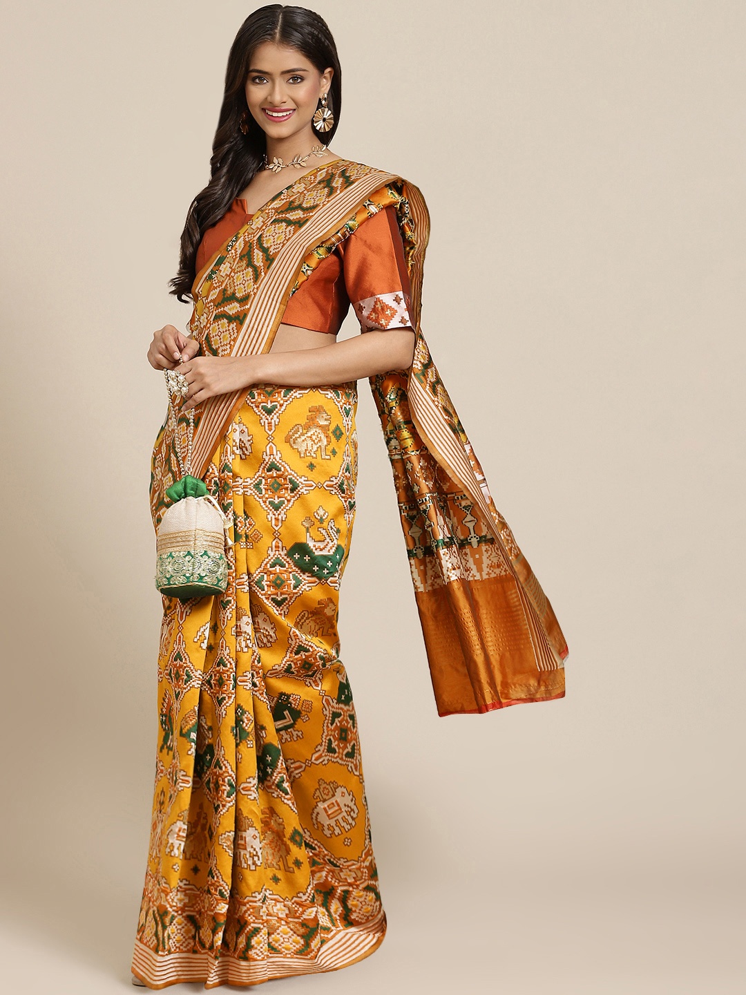 

SHUBHVASTRA Yellow & Orange Ethnic Motifs Woven Design Patola Saree