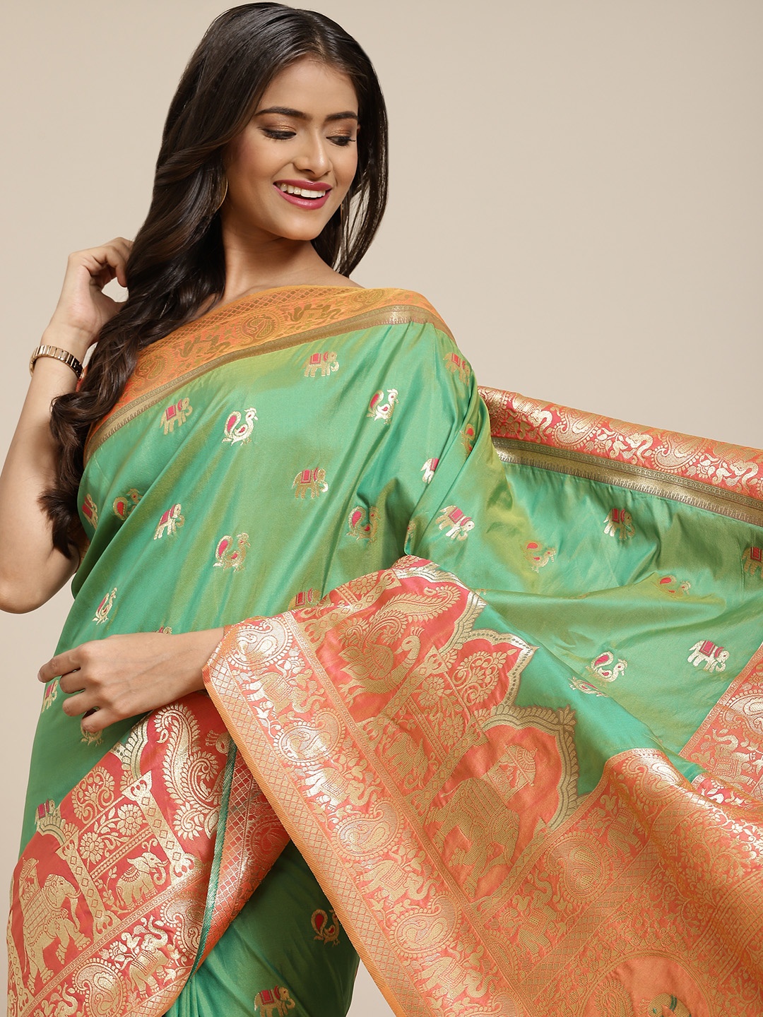 

SHUBHVASTRA Green & Orange Ethnic Motifs Woven Design Banarasi Saree