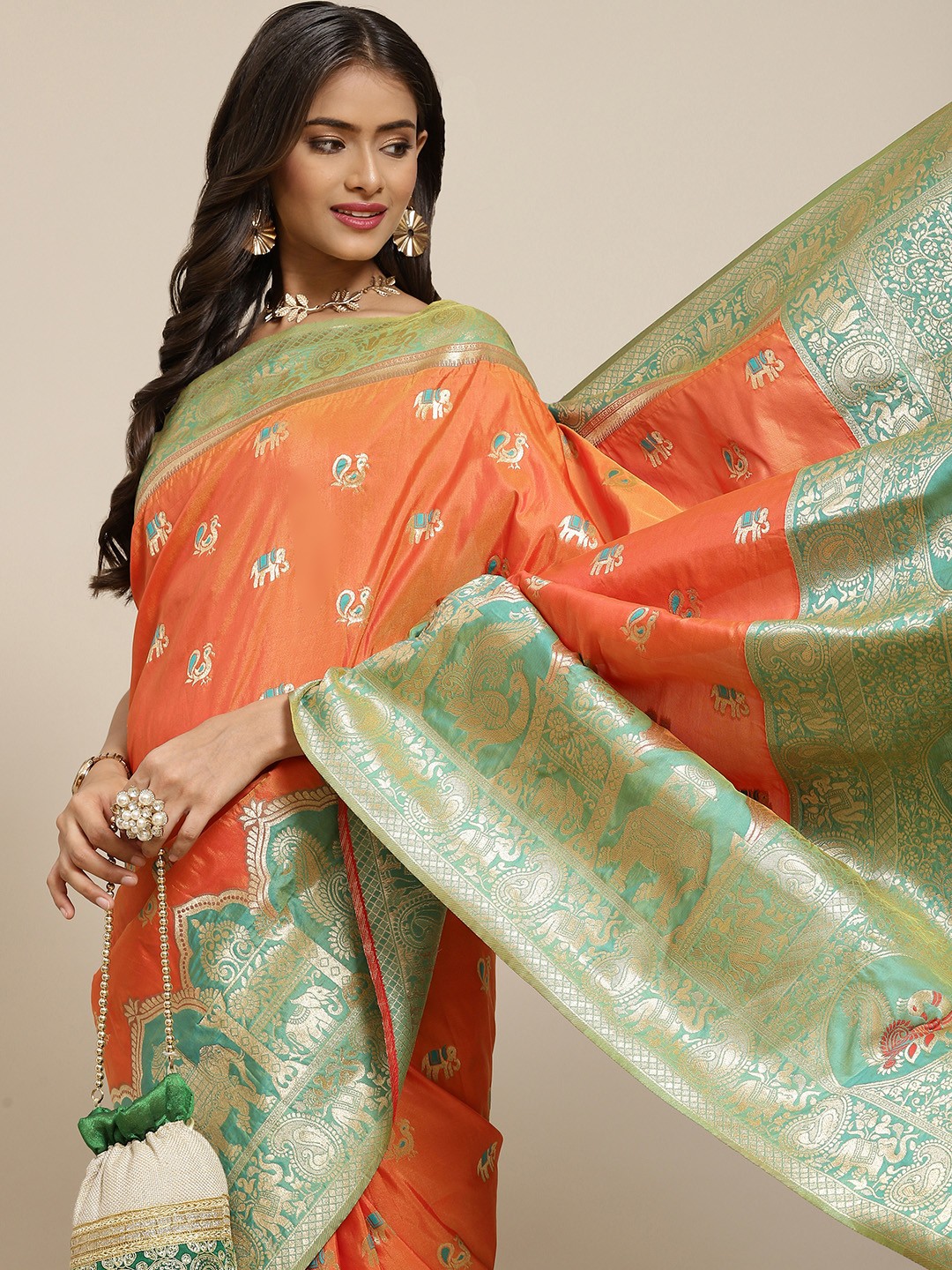 

SHUBHVASTRA Orange & Green Ethnic Motifs Woven Design Banarasi Saree