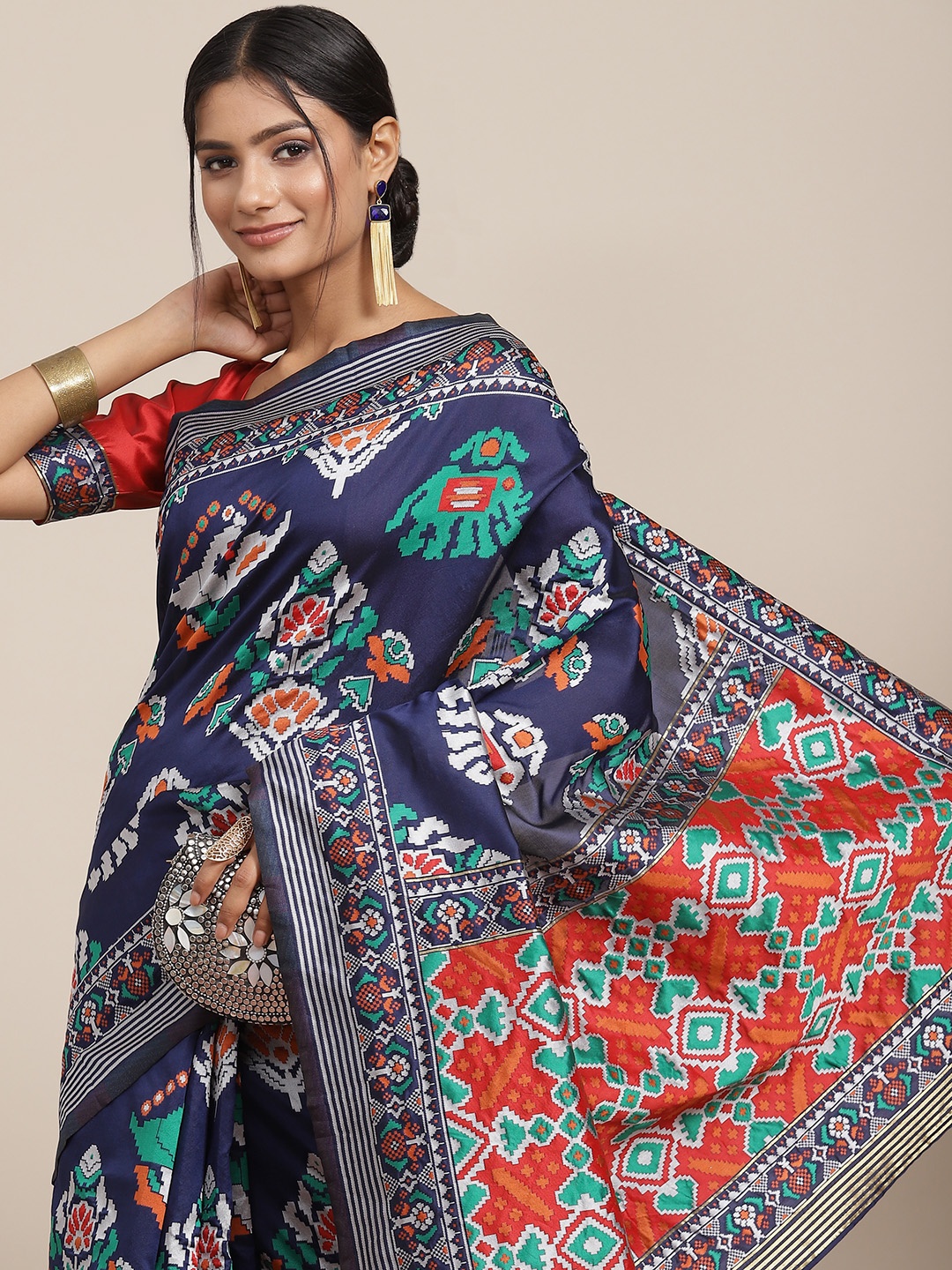 

SHUBHVASTRA Navy Blue & Red Ethnic Motifs Woven Design Patola Saree