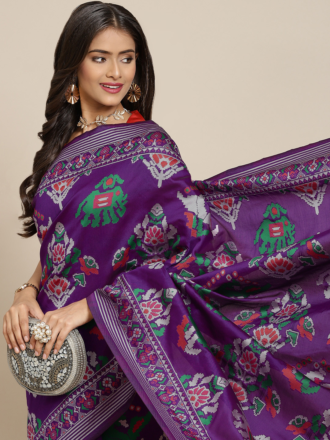 

SHUBHVASTRA Purple & Green Ethnic Motifs Woven Design Patola Saree