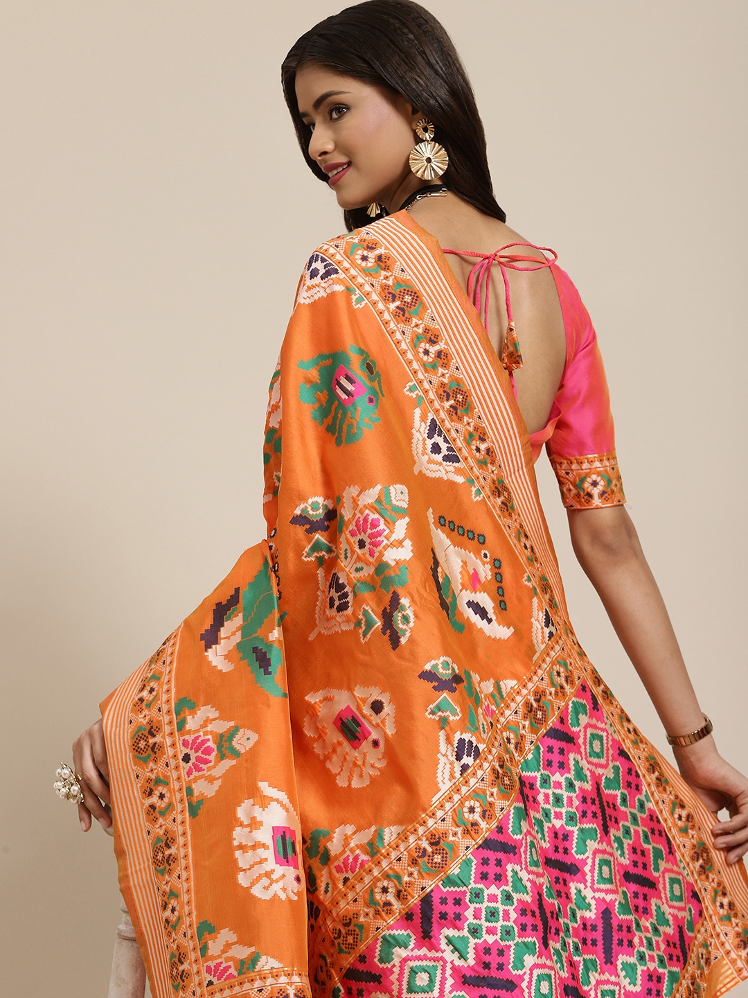 

SHUBHVASTRA Orange & Pink Ethnic Motifs Woven Design Patola Saree