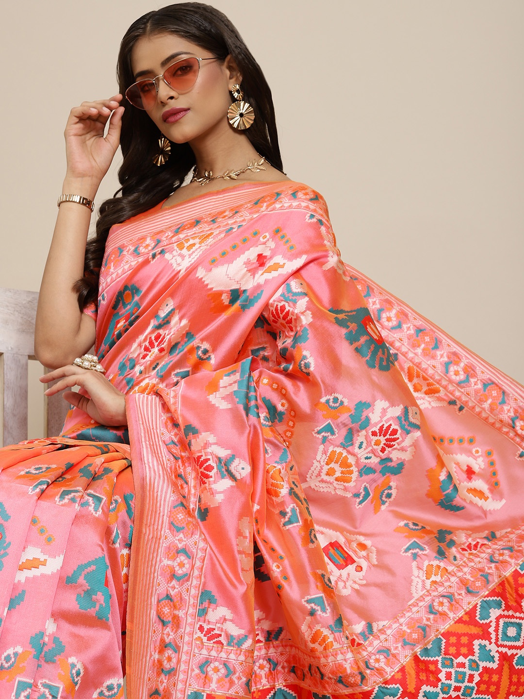 

SHUBHVASTRA Pink & Orange Ethnic Motifs Woven Design Patola Saree