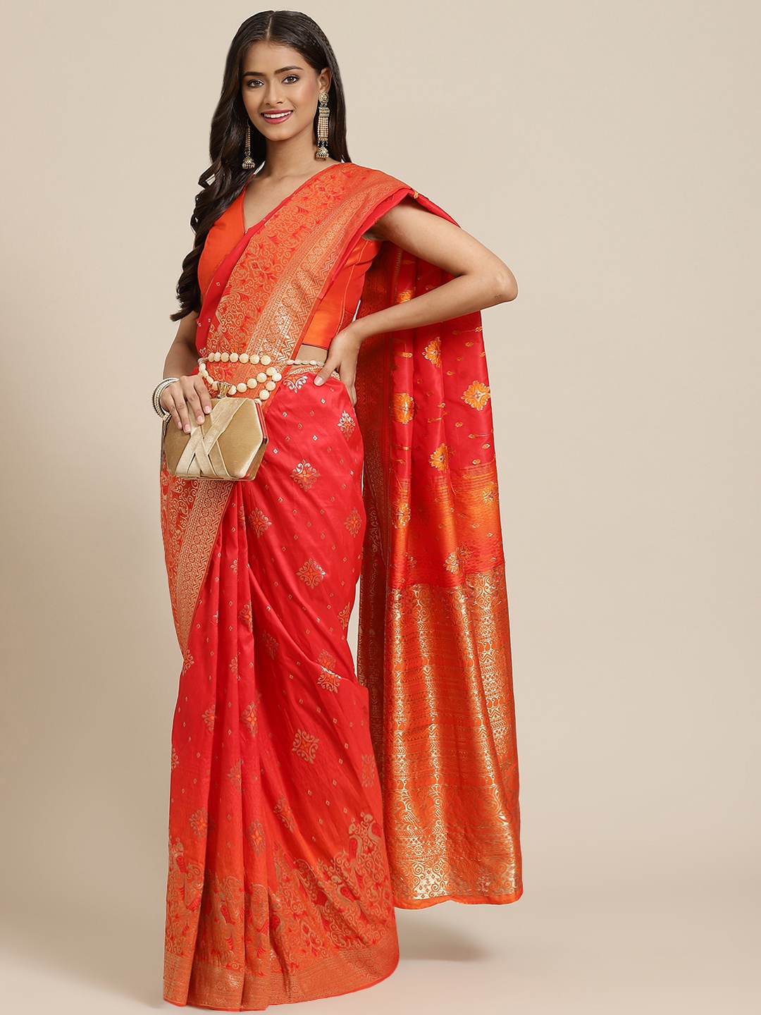 

SHUBHVASTRA Red & Orange Ethnic Motifs Silk Blend Banarasi Saree