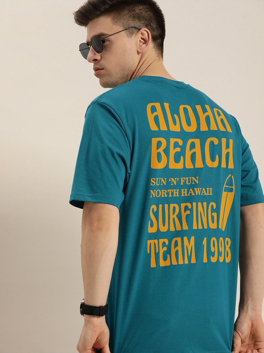 

Difference of Opinion Men Blue & Yellow Pure Cotton Typography Printed Loose T-shirt