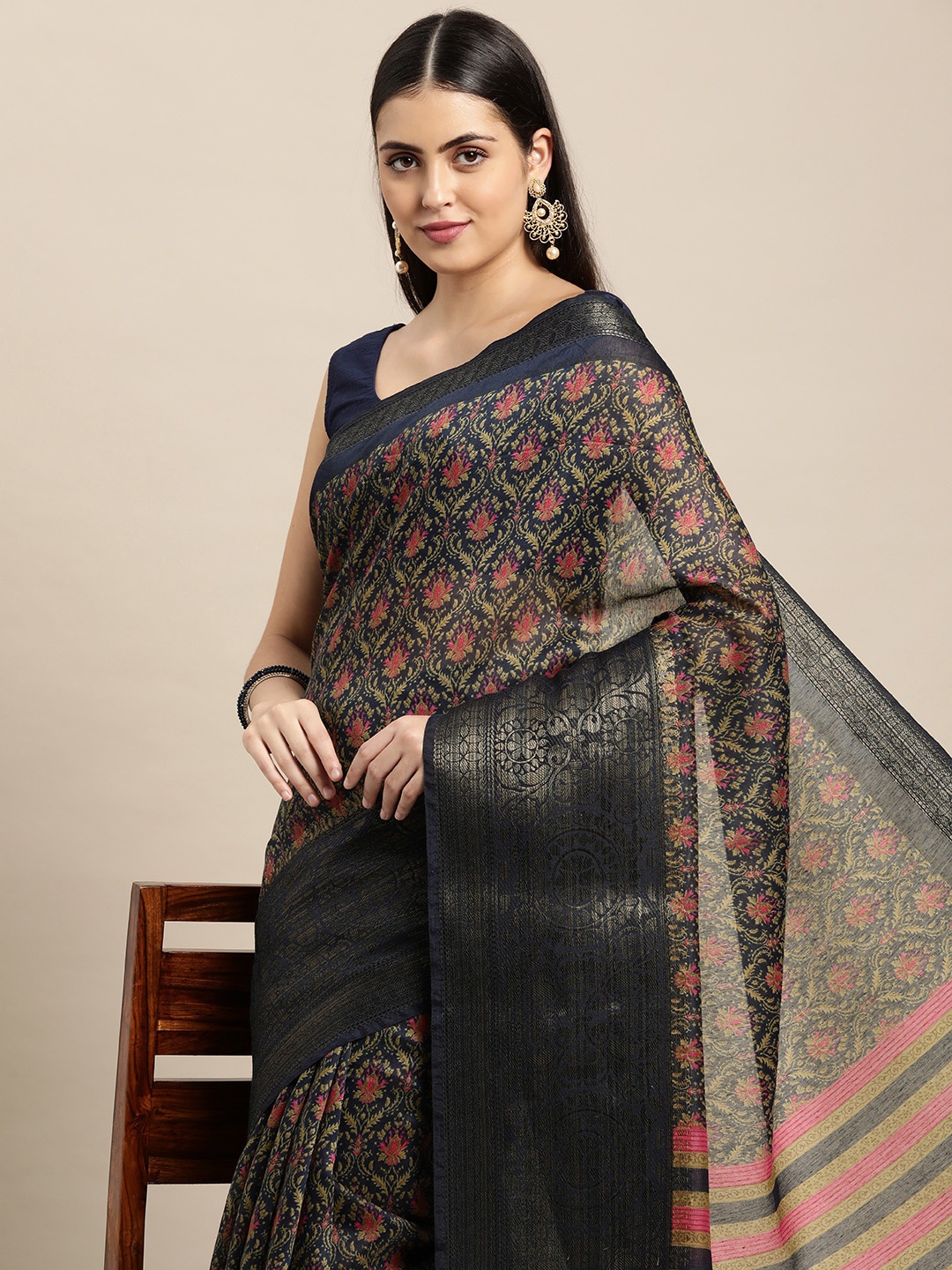 

Pothys Navy Blue & Pink Ethnic Motifs Pure Cotton Saree