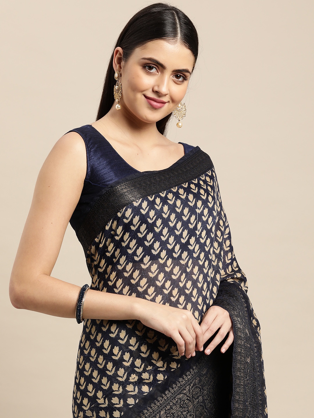 

Pothys Navy Blue & Beige Ethnic Motifs Pure Cotton Saree