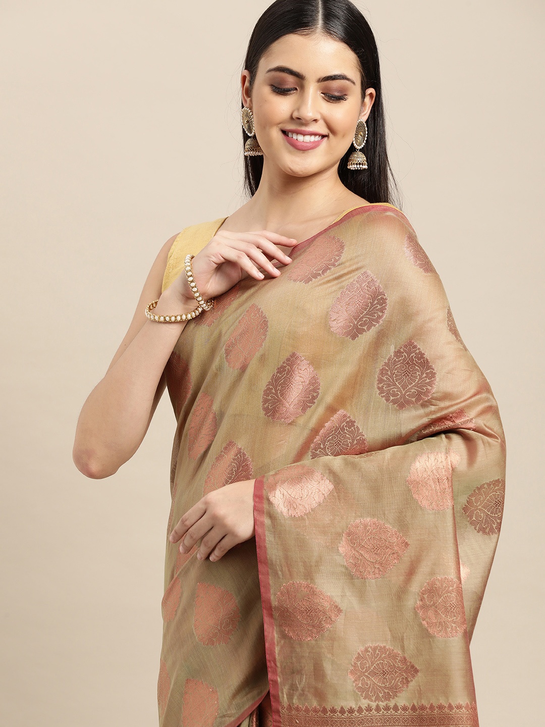 

Pothys Beige & Rose Gold Ethnic Motifs Pure Cotton Saree