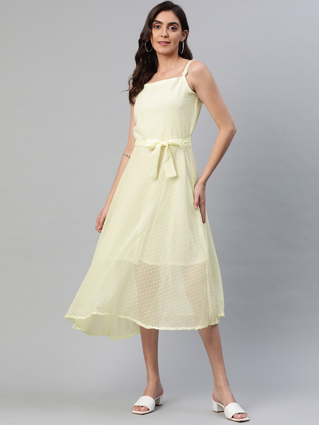 

Aarika Women Yellow Dobby Weave A-Line Midi Dress Comes with a Belt