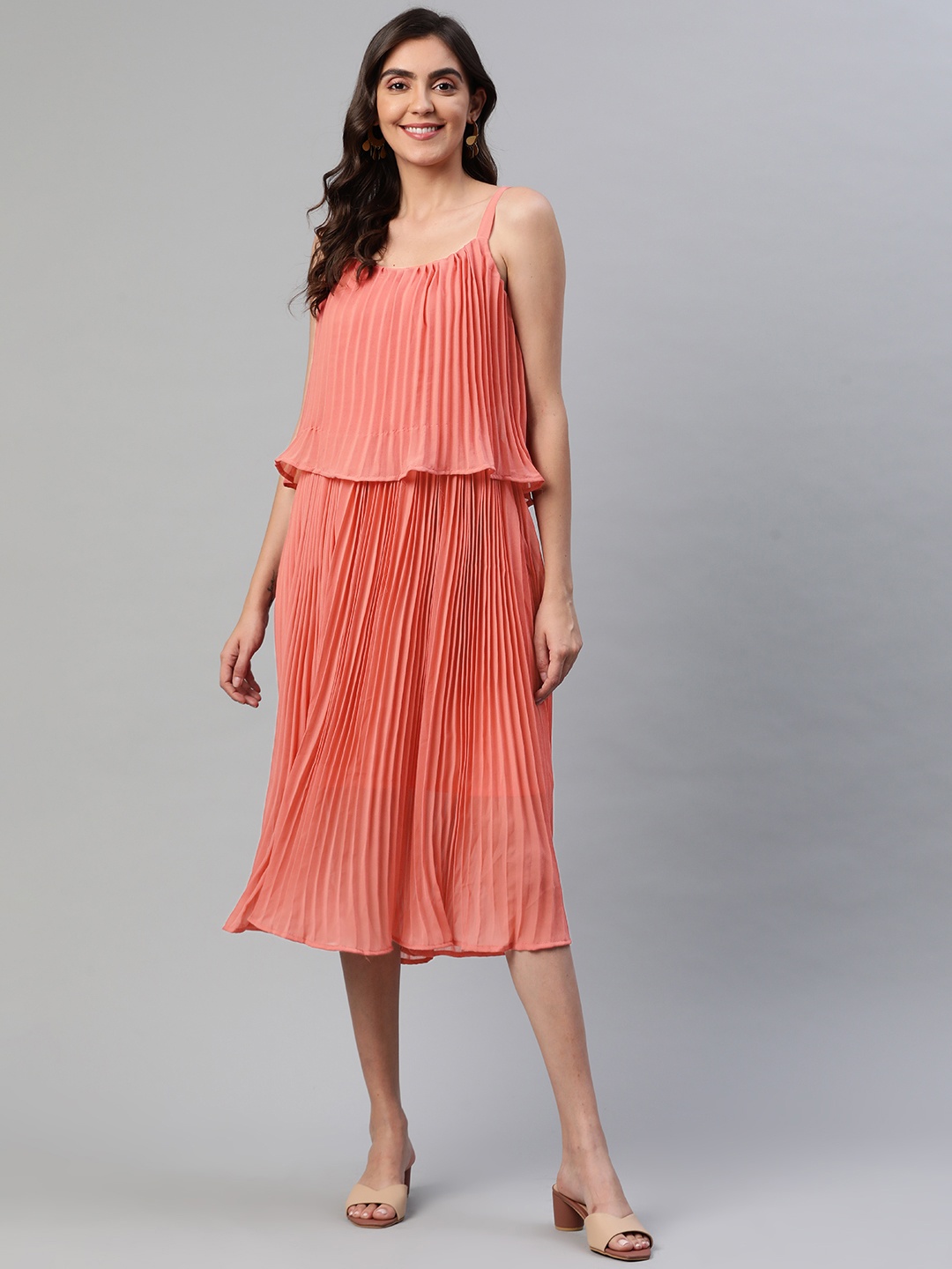 

Aarika Women Coral Solid Layered A-Line Midi Dress