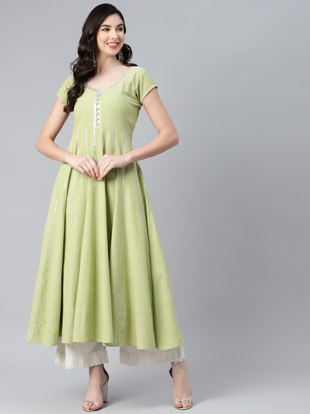 

MBE Women Green Pure Cotton Gotta Patti Pastels Anarkali Kurta