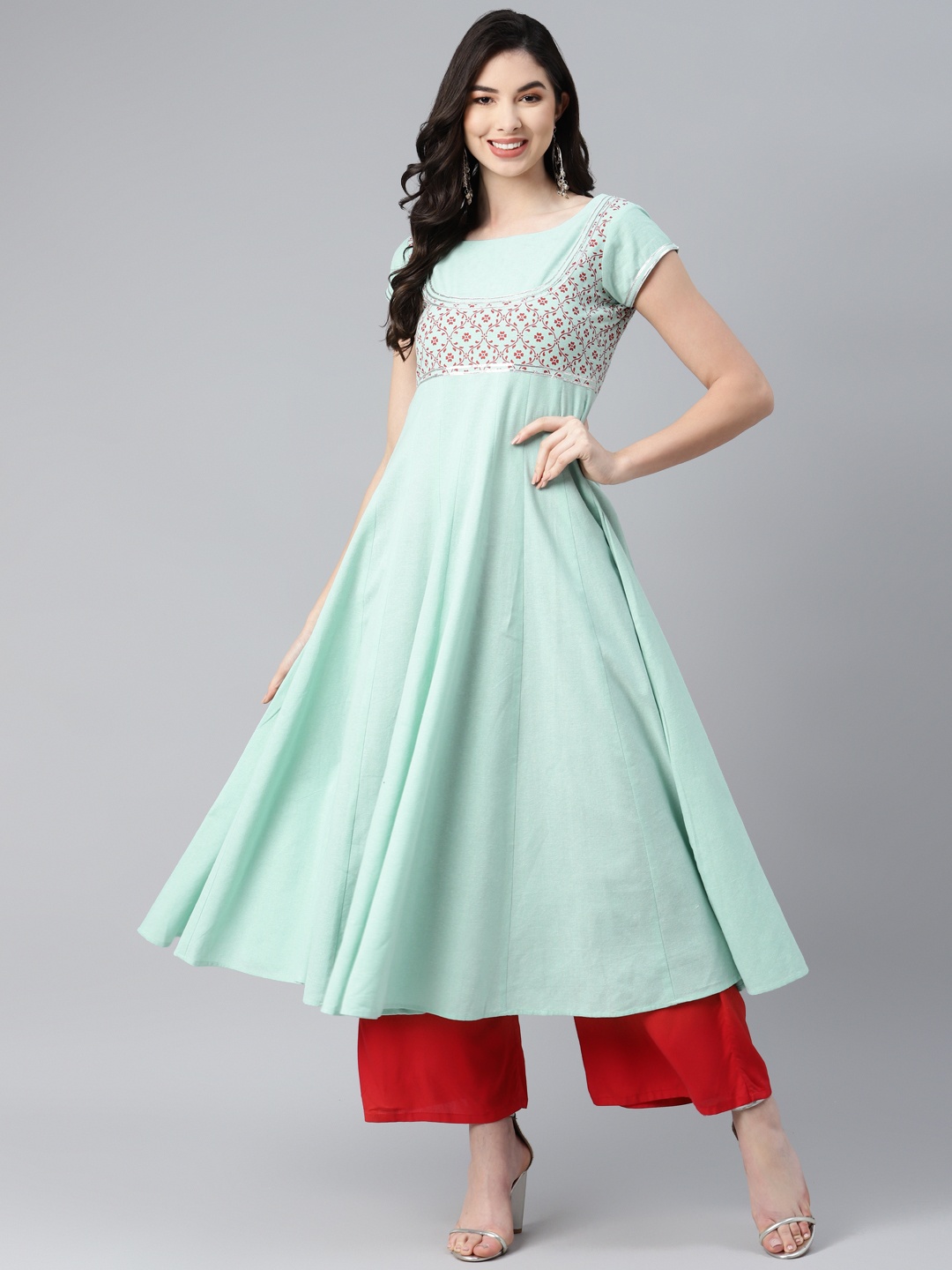 

MBE Women Sea Green & Red Yoke Design Pure Cotton Gotta Patti Pastels Anarkali Kurta