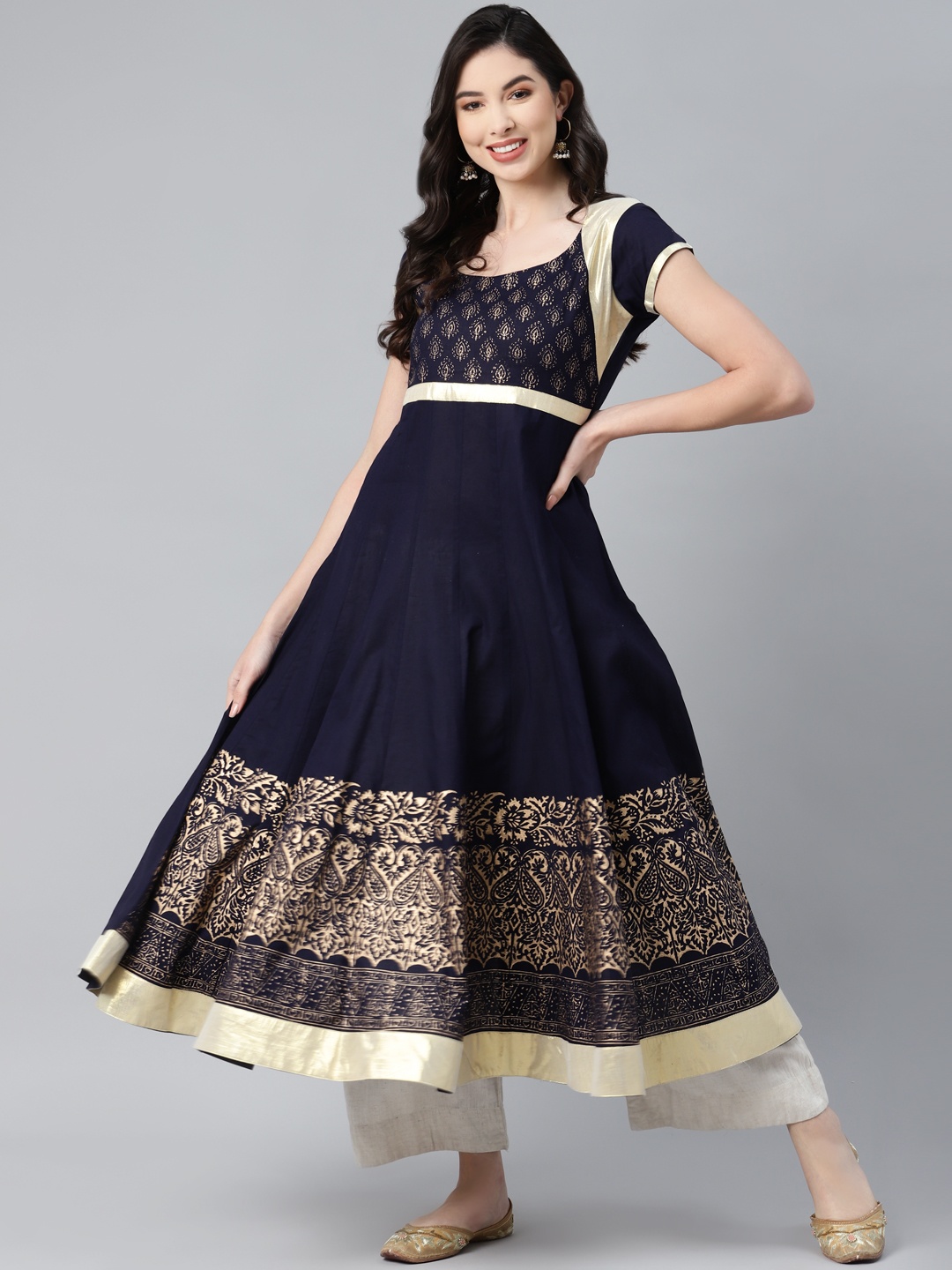 

MBE Women Navy Blue & Beige Paisley Printed Pure Cotton Anarkali Kurta