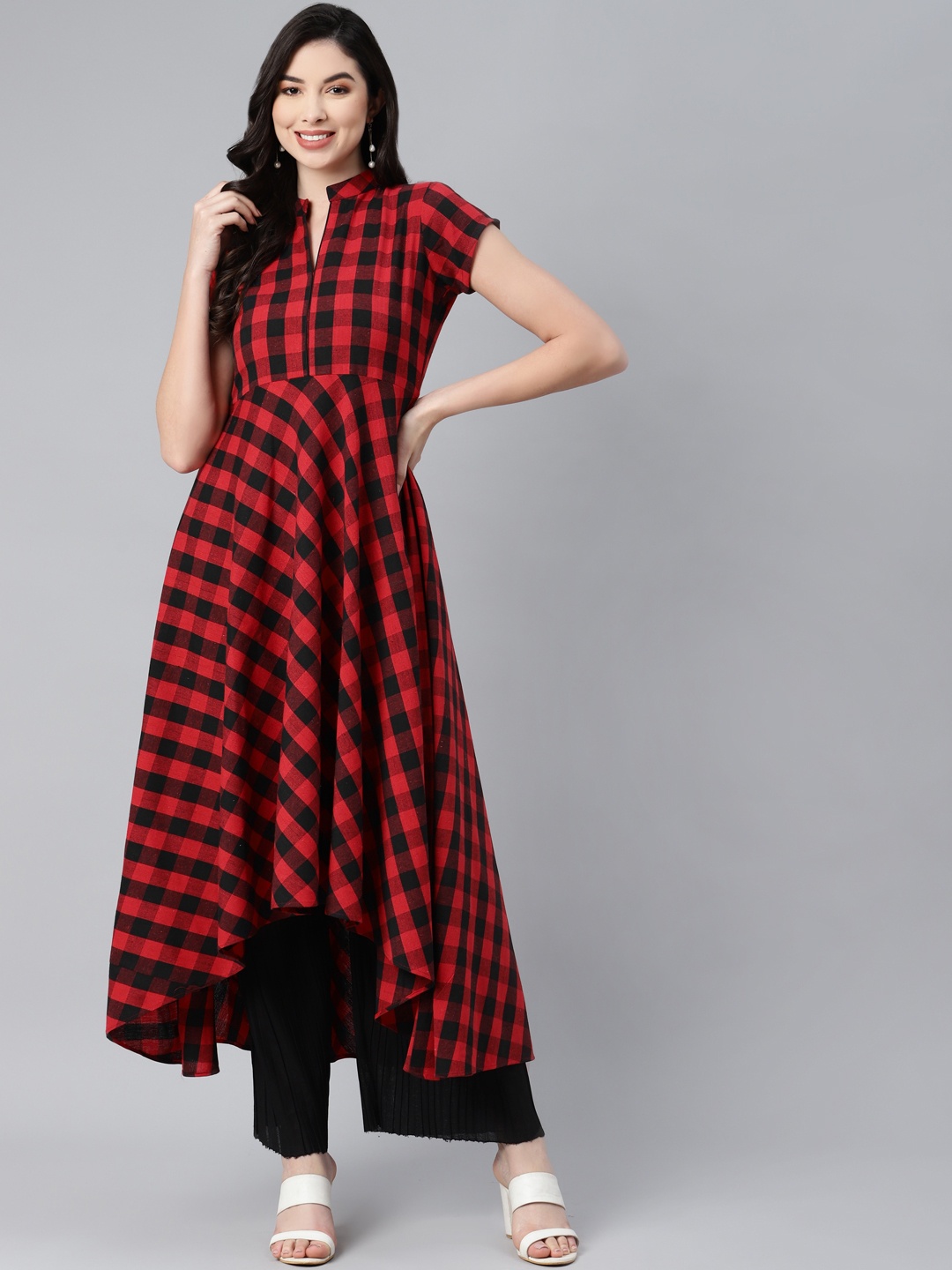 

MBE Women Red & Black Checked Pure Cotton Anarkali Kurta