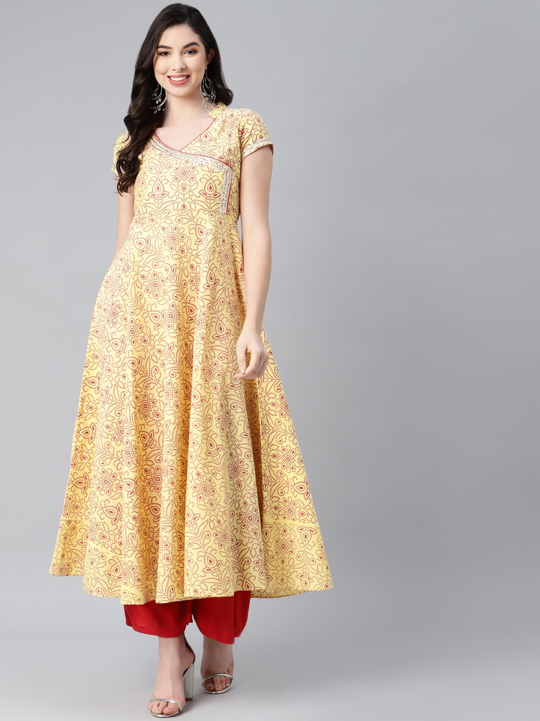 

MBE Women Yellow & Red Printed Pure Cotton Gotta Patti Anarkali Kurta
