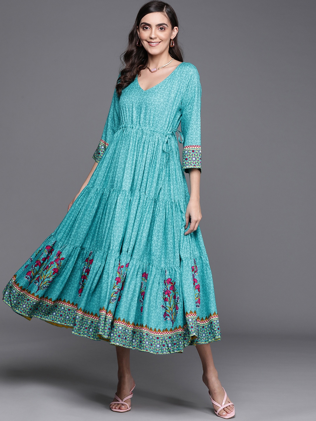 

PINKSKY Blue & Pink Printed Tiered A-Line Midi Dress