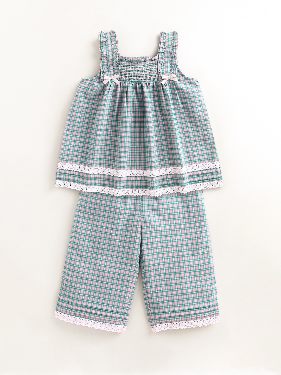 

Cherry Crumble Girls Green & Pink Checked Night suit