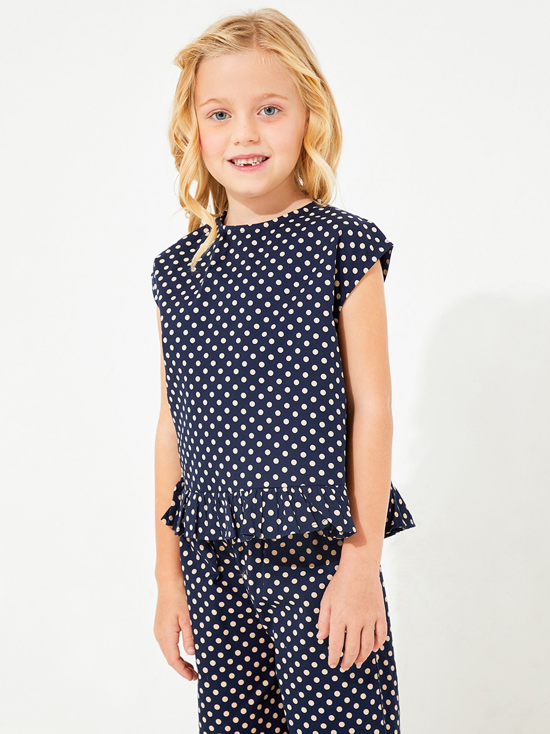 

Cherry Crumble Girls Navy Blue & Off White Polka Dot Printed Clothing Set