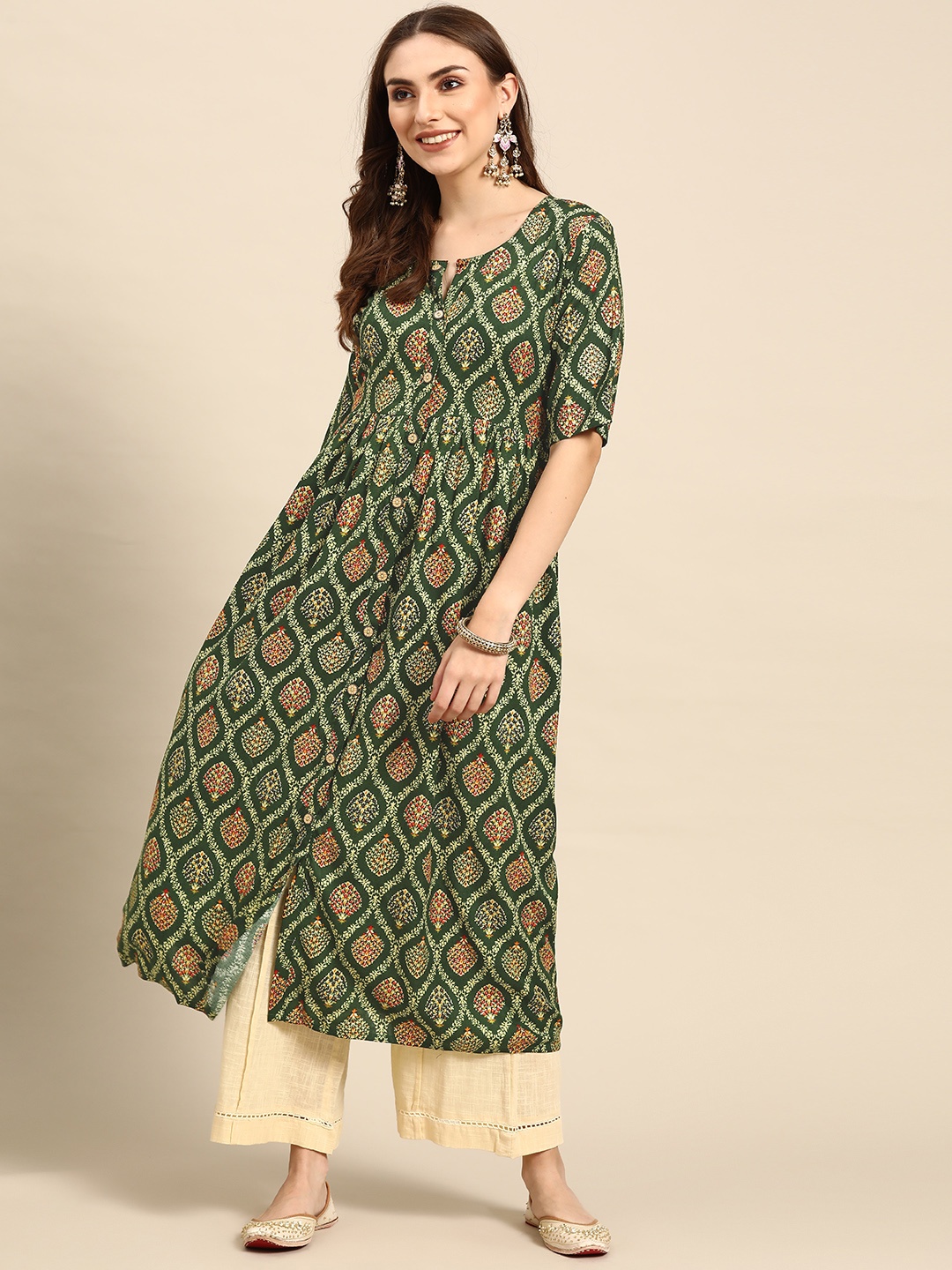 

Prakhya Women Olive Green & Beige Ethnic Motifs Printed Kurta