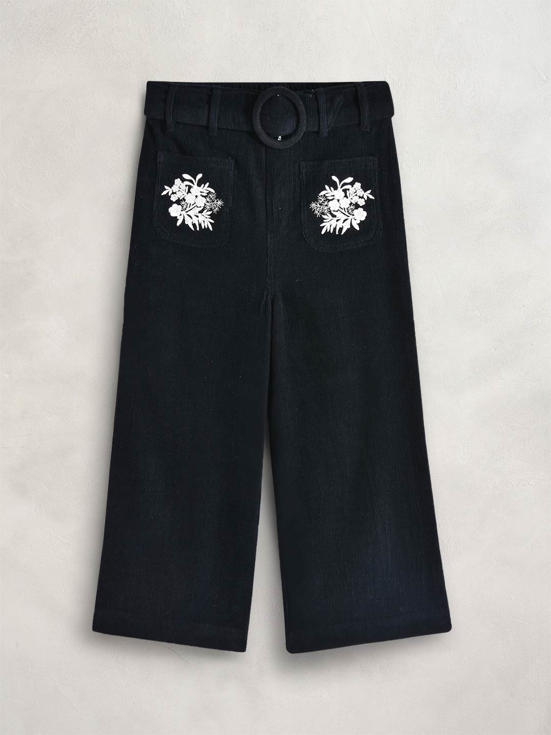 

Cherry Crumble Girls Black Floral Embroidered Corduroy Trousers