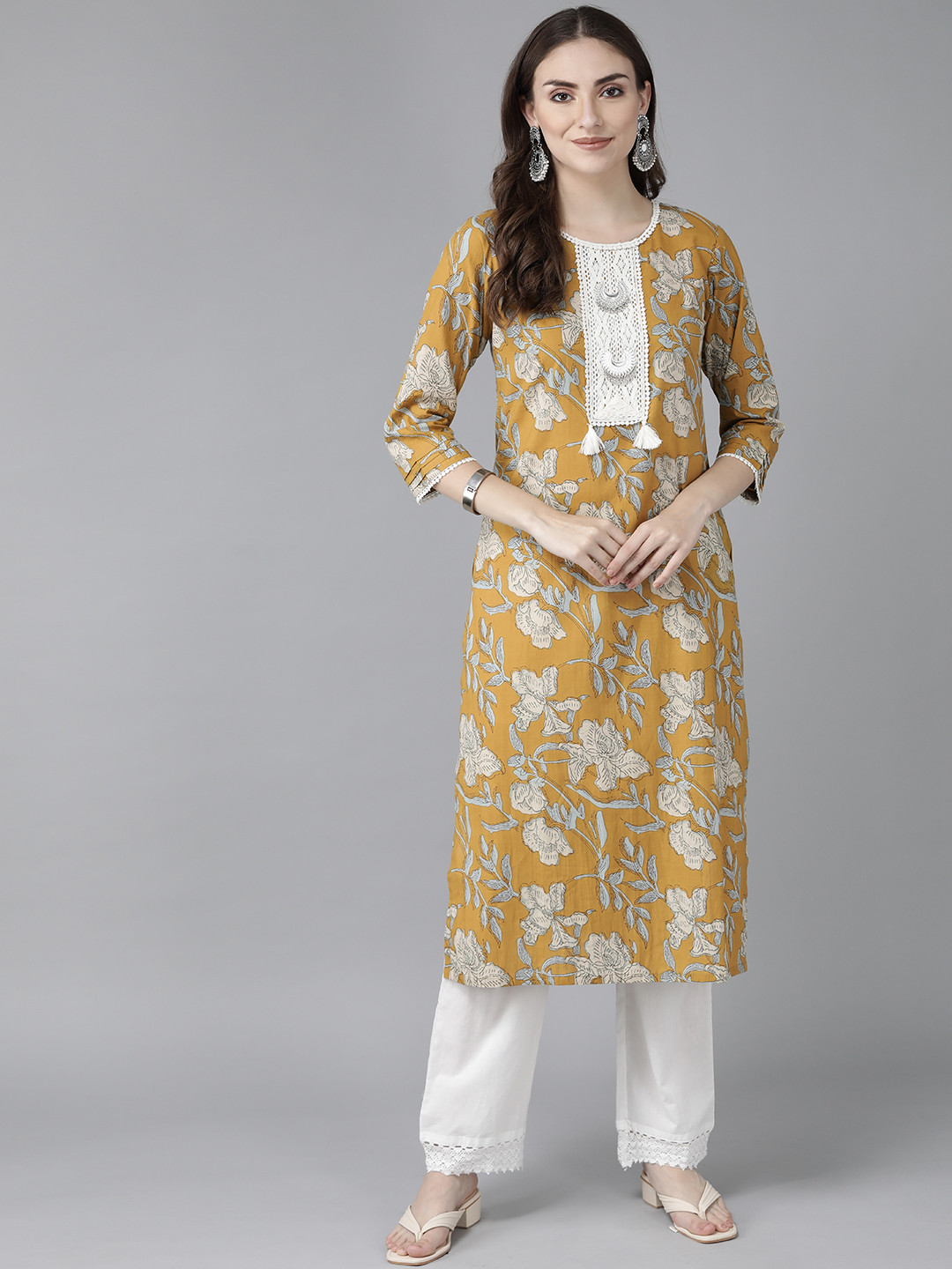 

Rain & Rainbow Women Mustard Yellow & White Floral Yoke Design Kurta