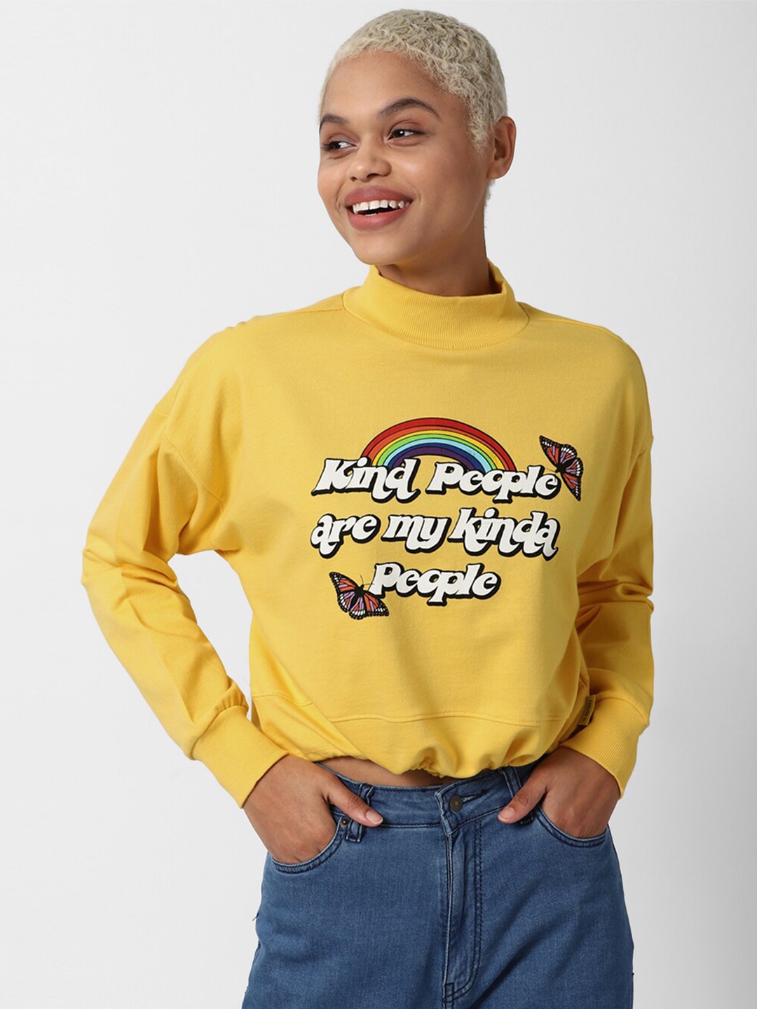 

FOREVER 21 Women Yellow Printed Cotton Sweatshirt