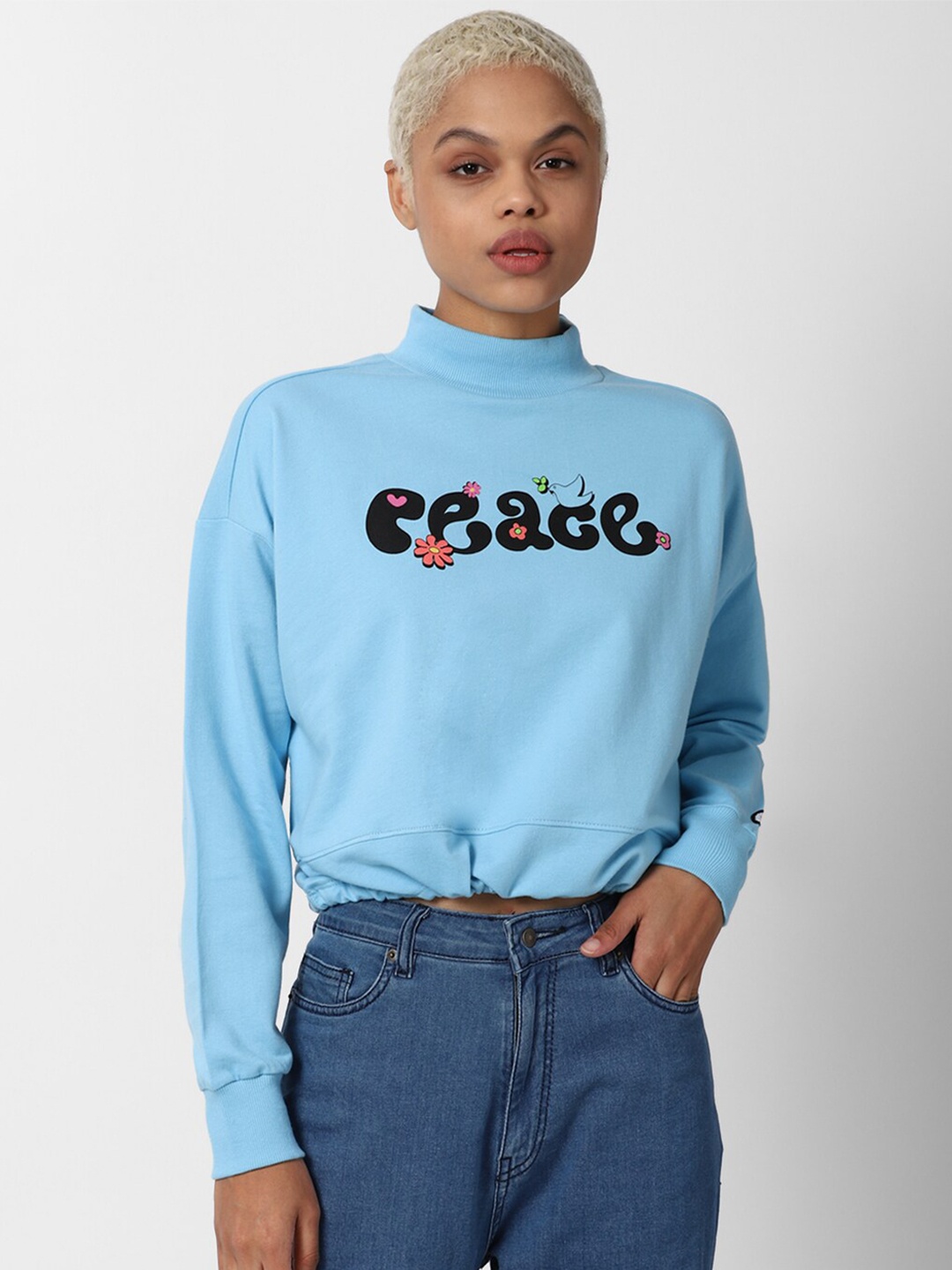 

FOREVER 21 Women Blue Printed Cotton Sweatshirt