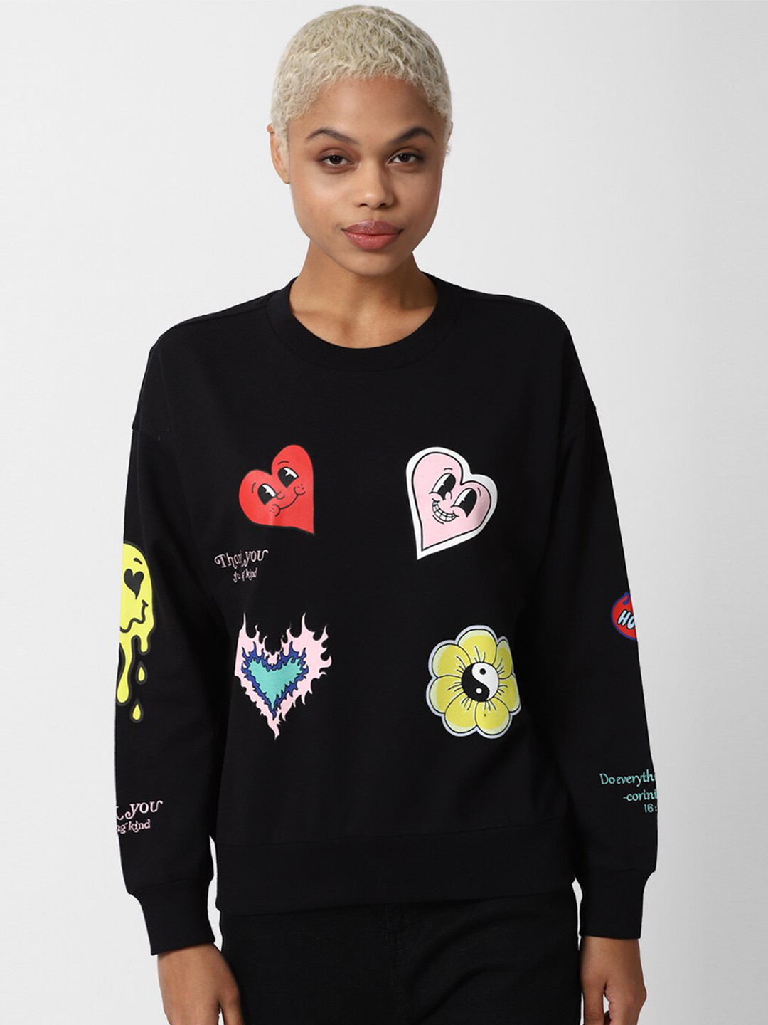 

FOREVER 21 Women Black Printed Cotton Sweatshirt