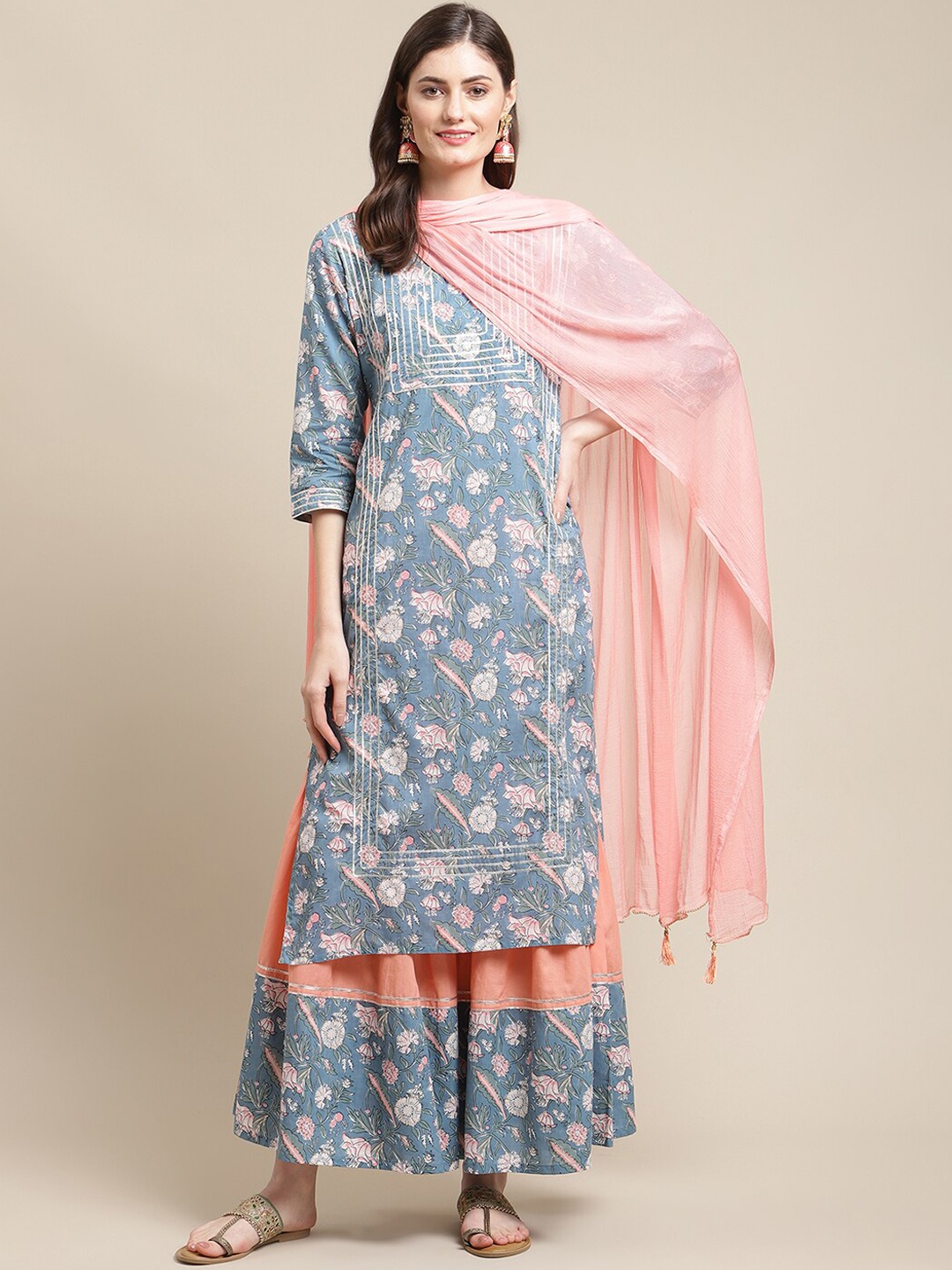 

Varanga Women Blue Ethnic Motifs Printed Kurta With Palazzos & Dupatta