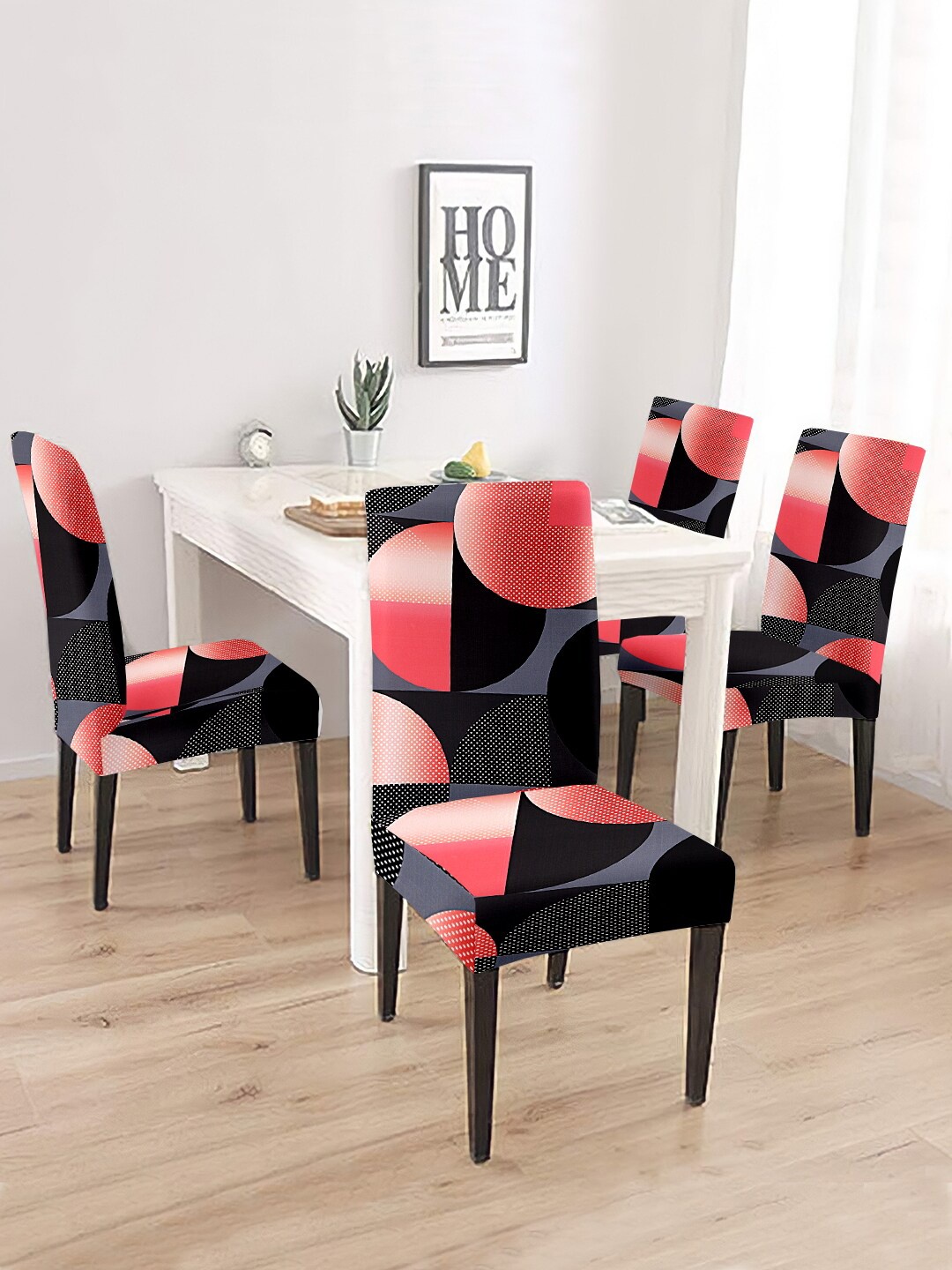 Cortina Set Of 4 Black & Pink Printed Chair Covers