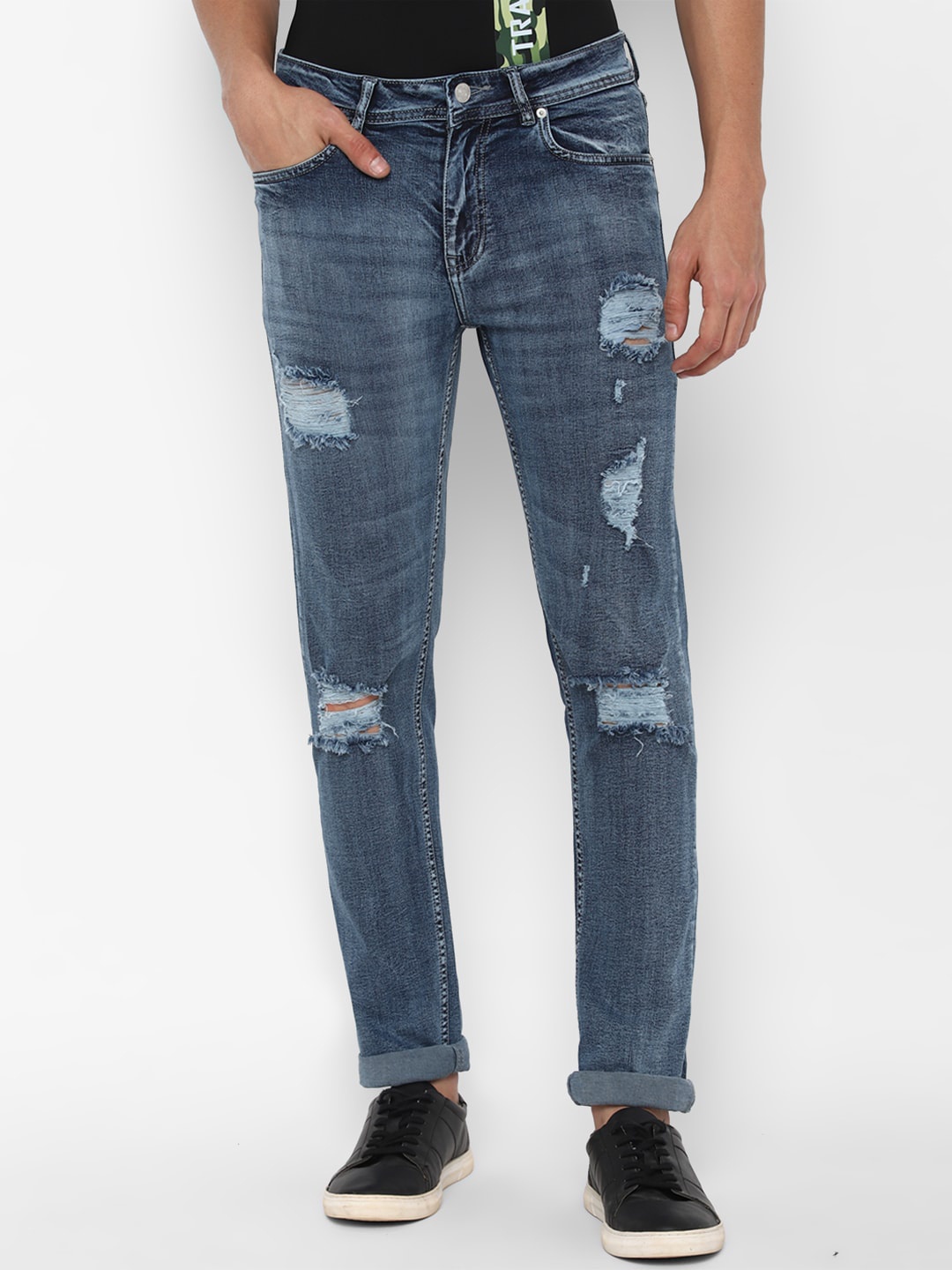 

FOREVER 21 Men Blue Highly Distressed Heavy Fade Stretchable Jeans