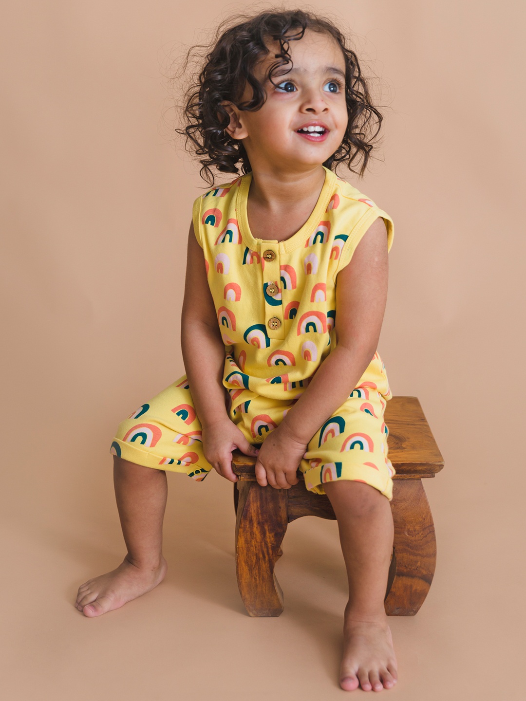 

Mamas Boo Infant Kids Yellow & White Printed Pure Cotton Sustainable Sustainable Rompers