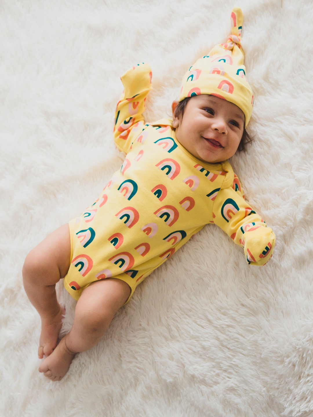 

Mamas Boo Infant Kids Yellow & White Printed Pure Cotton Sustainable Bodysuit