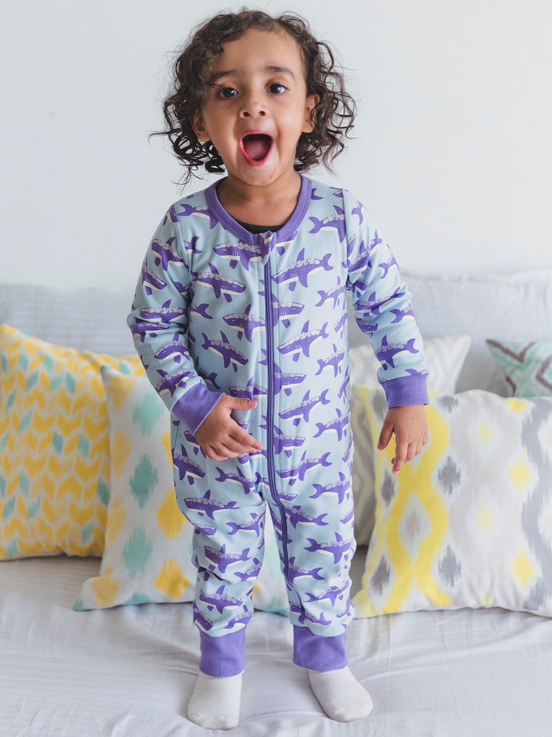 

Mamas Boo Infant Kids Purple & White Printed Organic Cotton Rompers