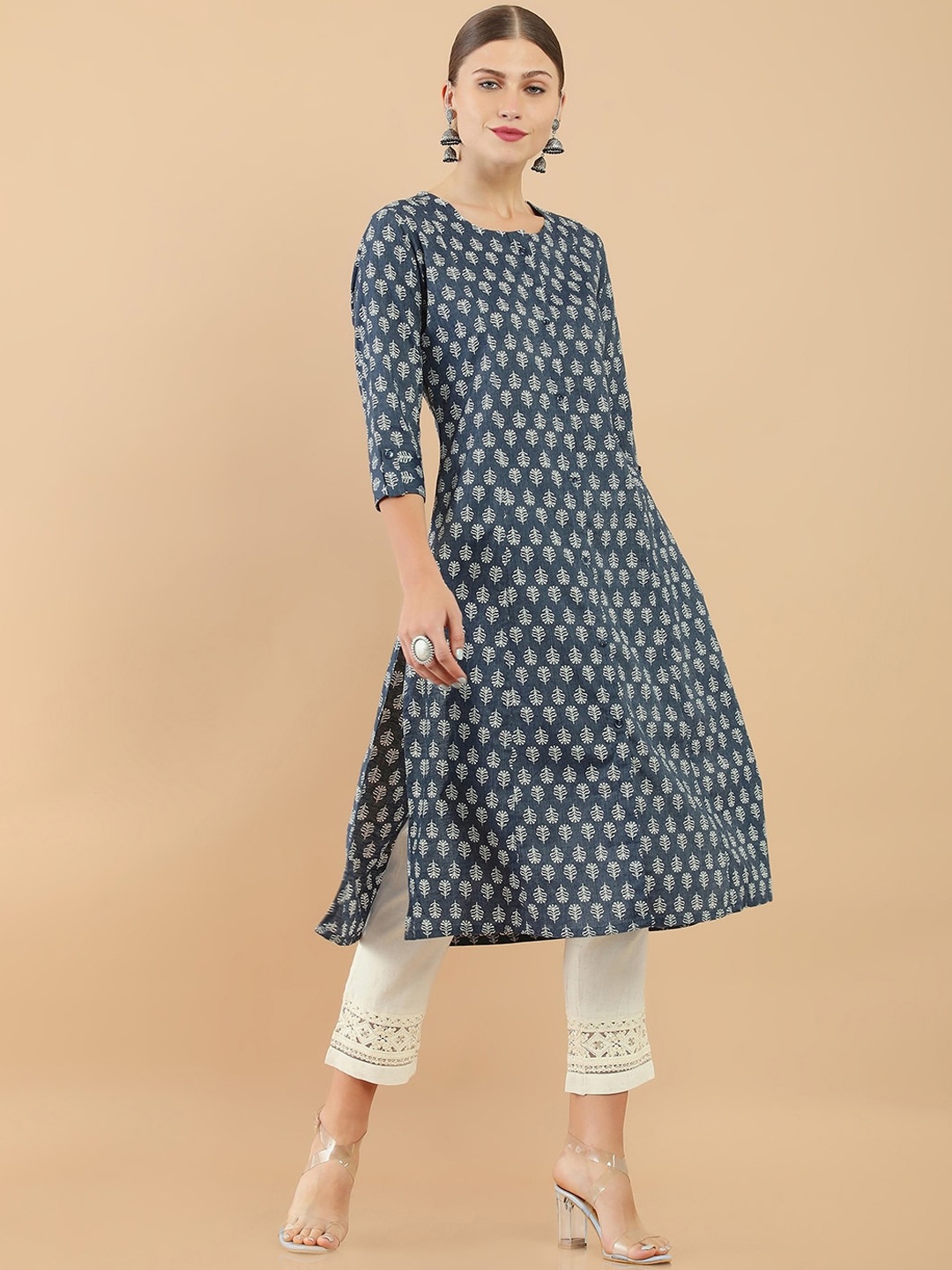 

Soch Women Blue Ethnic Motifs Printed Cotton Kurta
