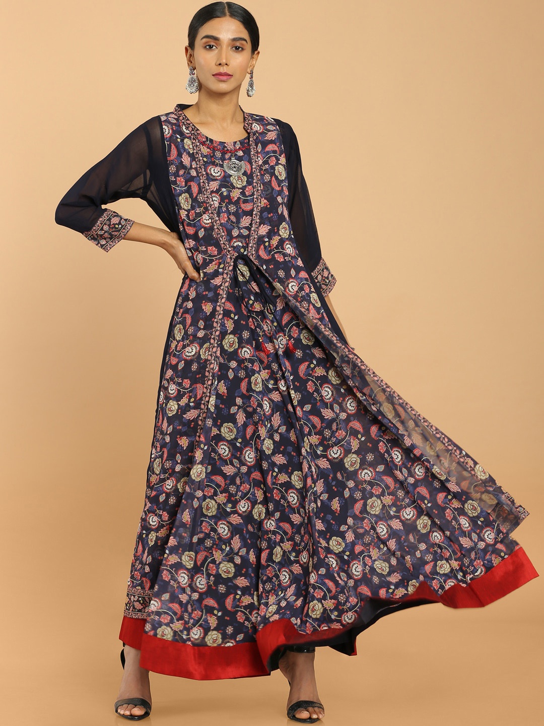 

Soch Women Navy Blue Floral Printed Georgette Anarkali Kurta