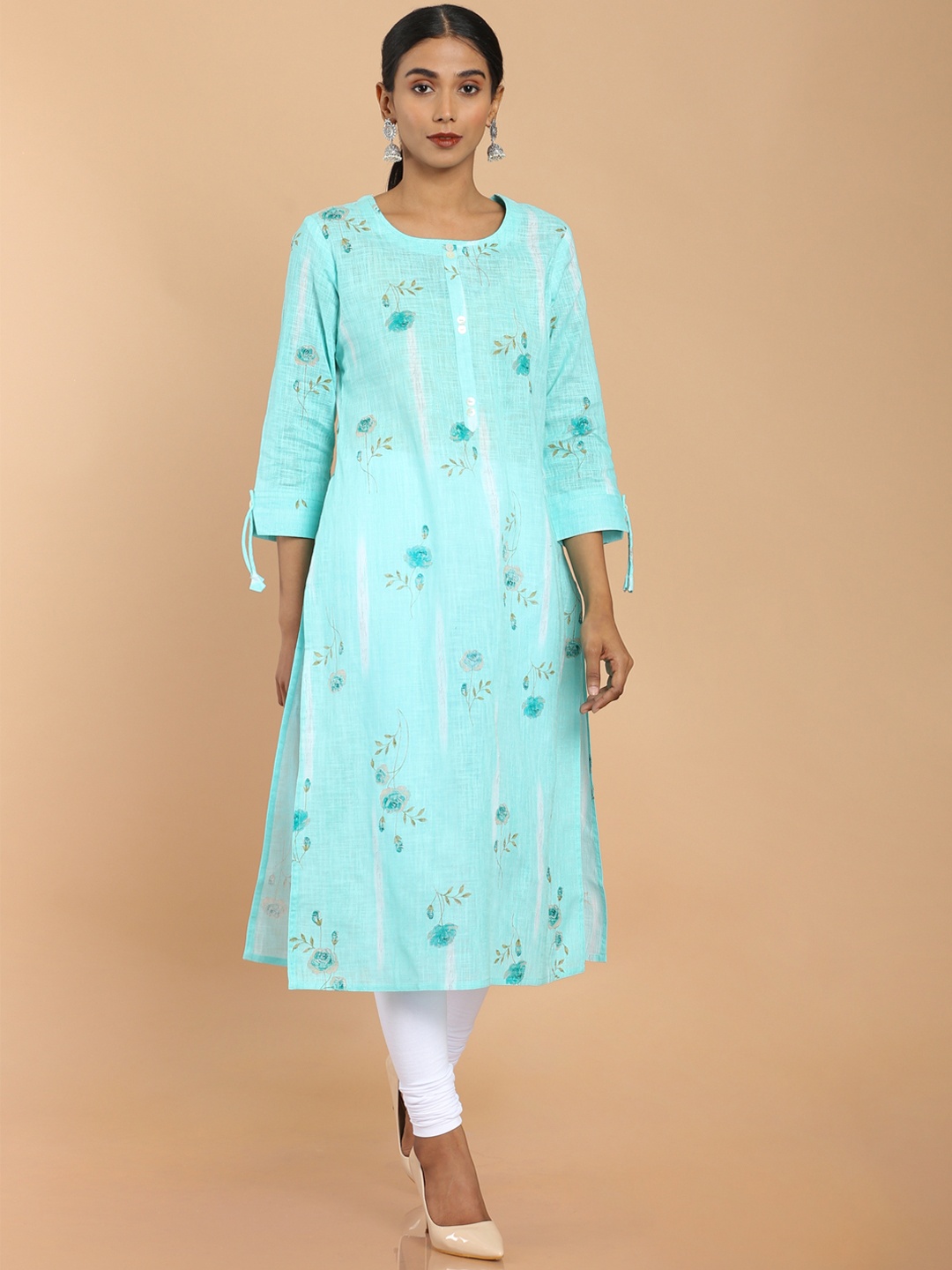 

Soch Women Blue Floral Printed Linen Kurta