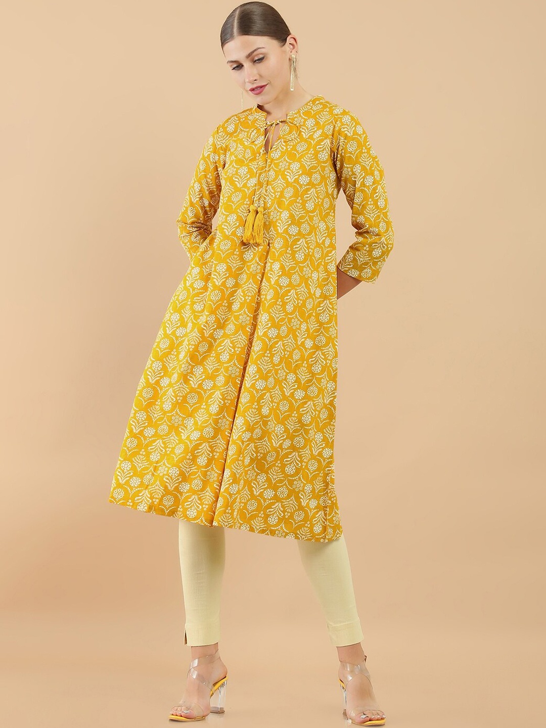 

Soch Women Mustard Yellow & White Ethnic Motifs Keyhole Neck Cotton Straight Kurta