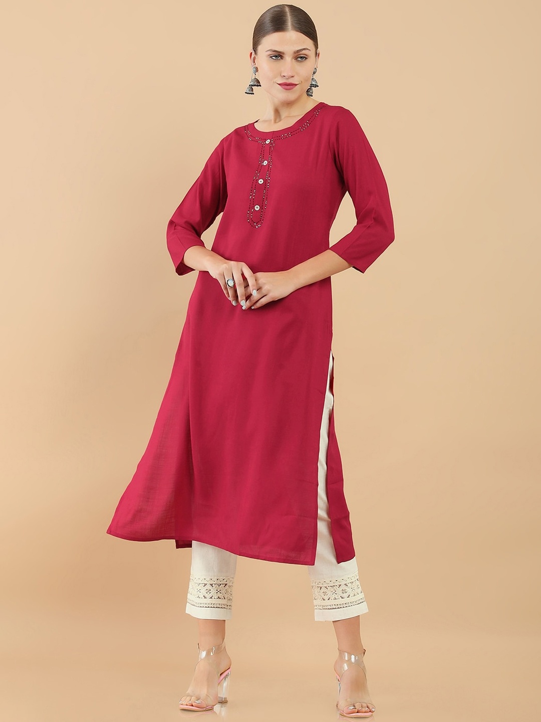 

Soch Maroon Yoke Design Sequined Straight Kurta