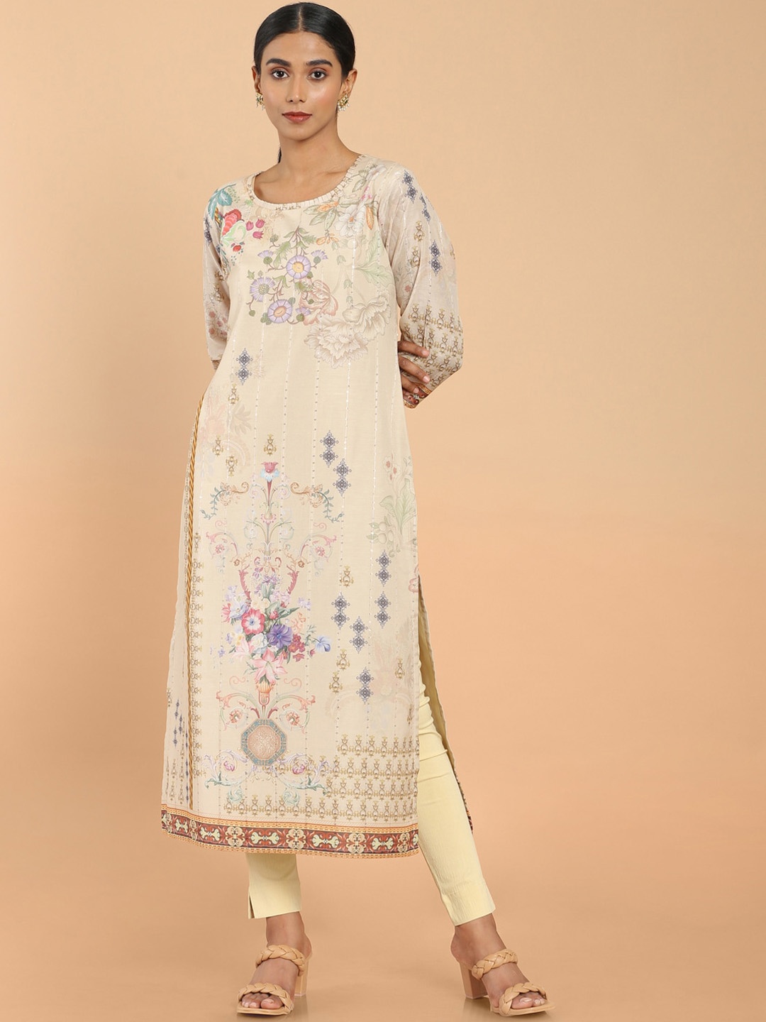 

Soch Women Beige Floral Printed Muslin Straight Kurta