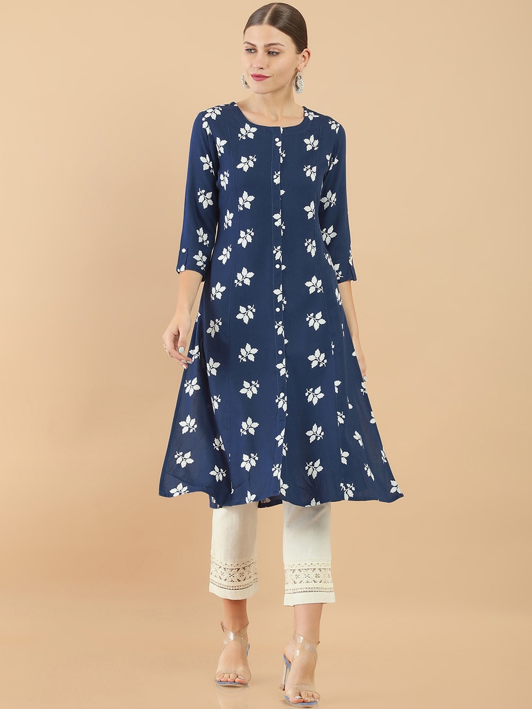 

Soch Women Blue & White Floral Printed Rayon Kurta