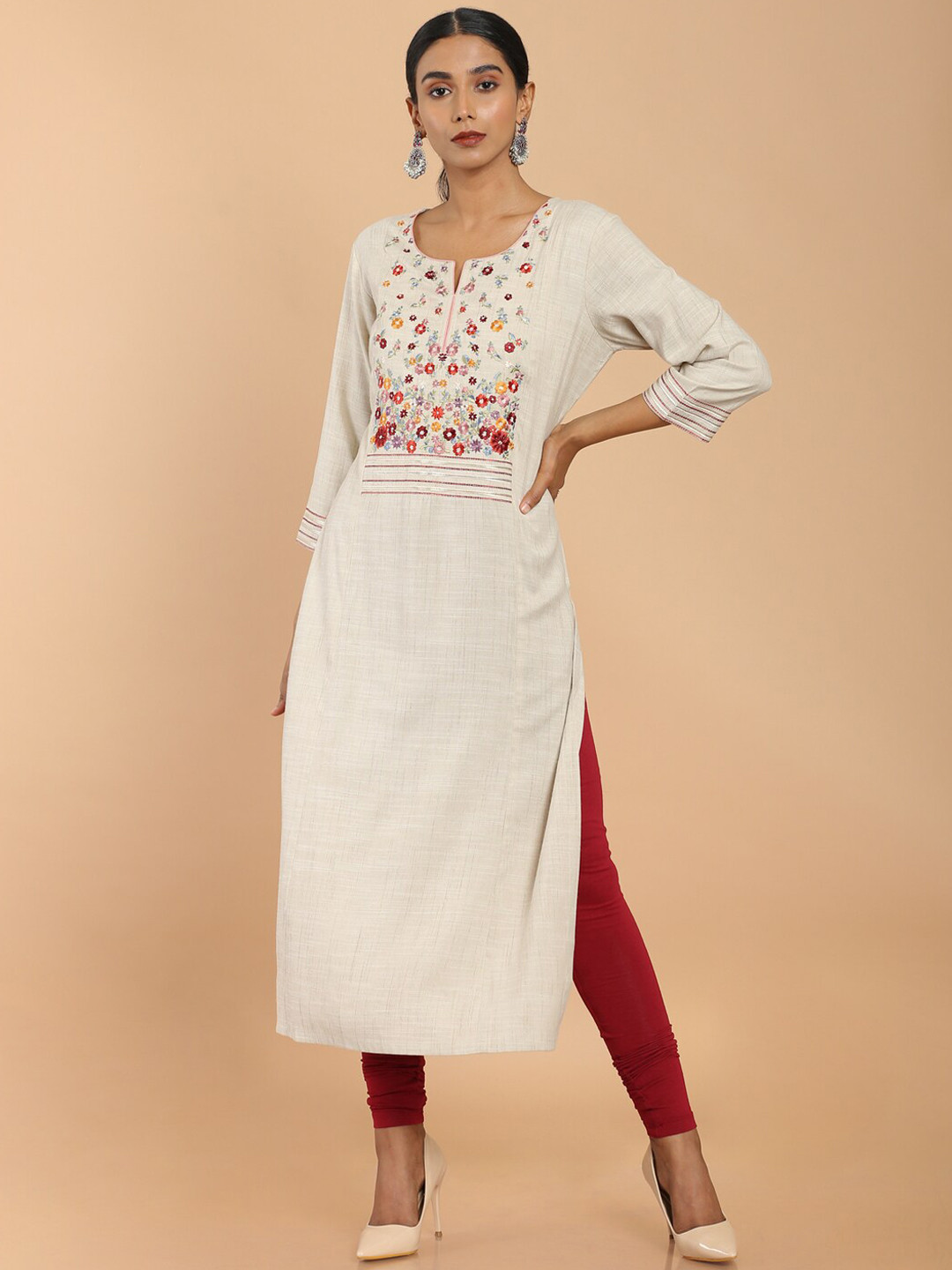 

Soch Women Beige & Pink Floral Embroidered Thread Work Kurta